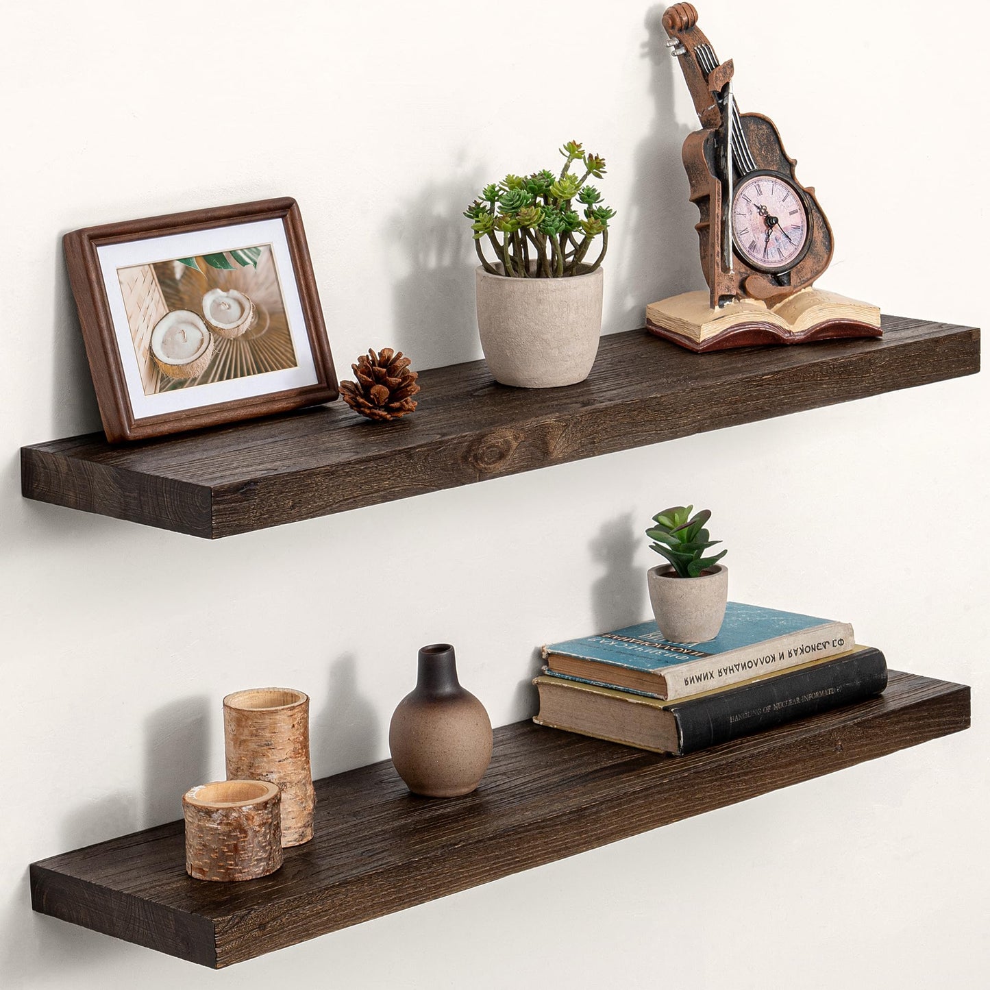 Dreamland Rustic Elm Woood Floating Shelves for Wall Decor, 30" W x 8" D x 1.5" H Floating Shelves Set of 2, Wall Mounted Deep Wooden Shelf for Living Room, Bedroom, Kitchen, Bathroom, Walnut
