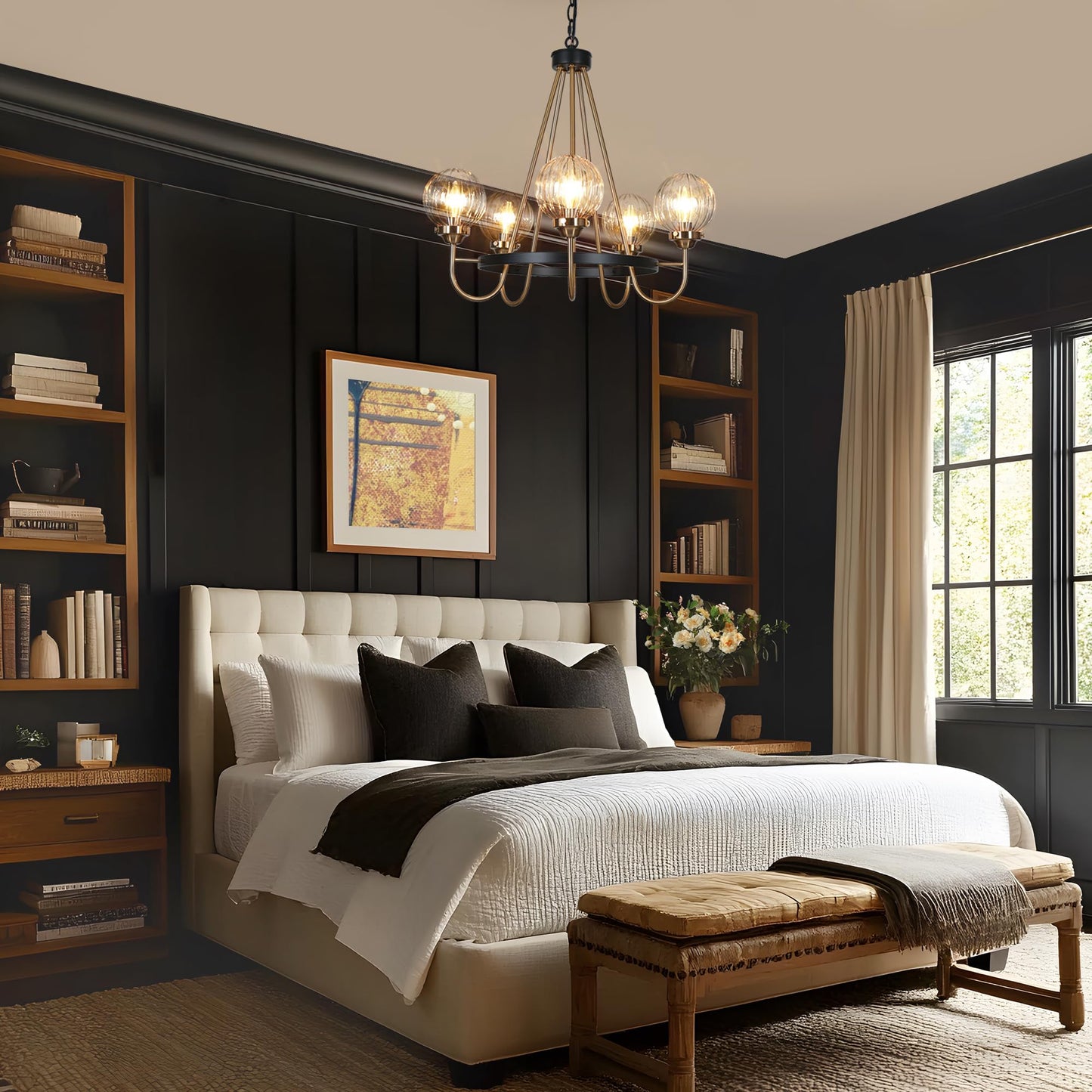 KSANA Black Gold Chandelier, Modern 5-Light Dining Room Light Fixture with Ribbed Glass Globes, Black and Brass Wagon Wheel Chandelier for Kitchen Island and Living Room