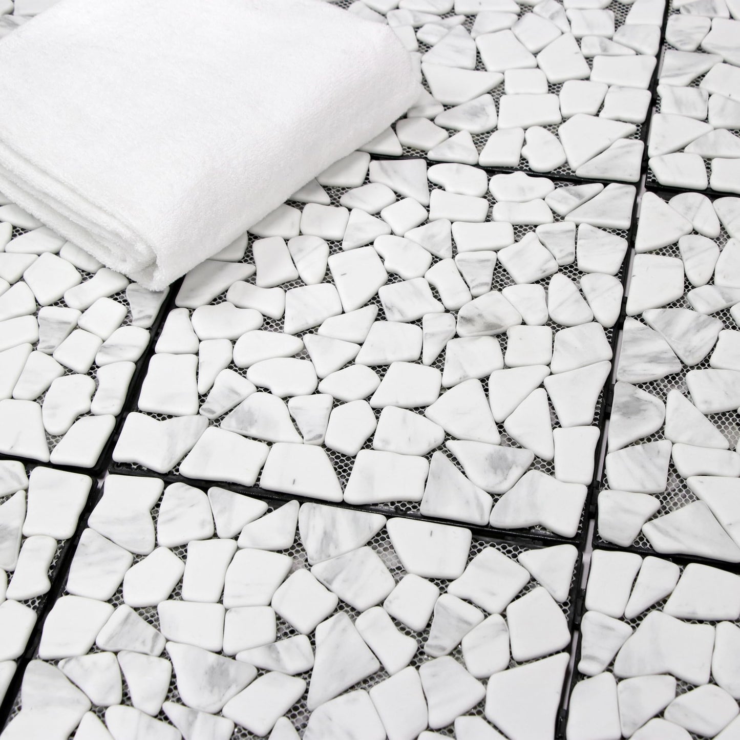 4PCS Natural Pebble Interlocking Deck Tiles, 12" x 12" Recycled Glass Marble Looks Waterproof Patio Deck, Outdoor & Indoor Flooring Decking Tiles for Porch Poolside Balcony Backyard, Carrara White
