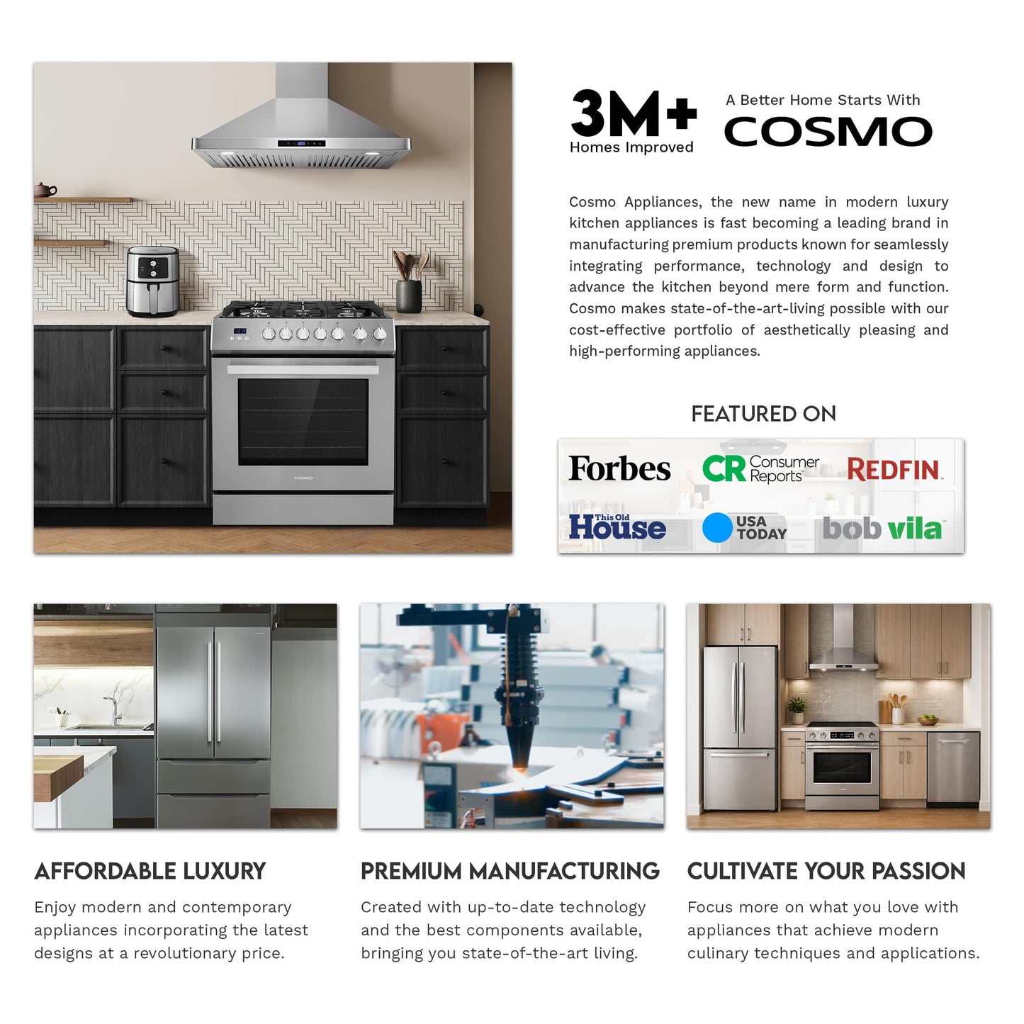 COSMO UMC36 36 in. Haven Collection 380 CFM Ducted Under Cabinet Range Hood, LED Lights, Touch Controls, Stainless Steel