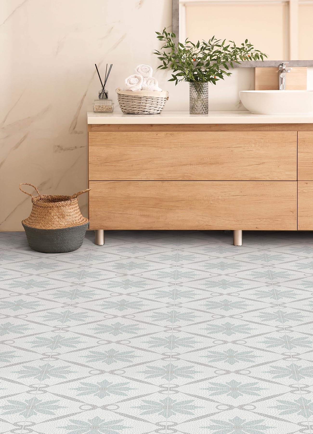 FloorPops Jamila Grey Peel and Stick Floor Tiles, Medallion Vinyl Floor Tiles, Water Resistant, 12 in x 12 in, Pack of 10