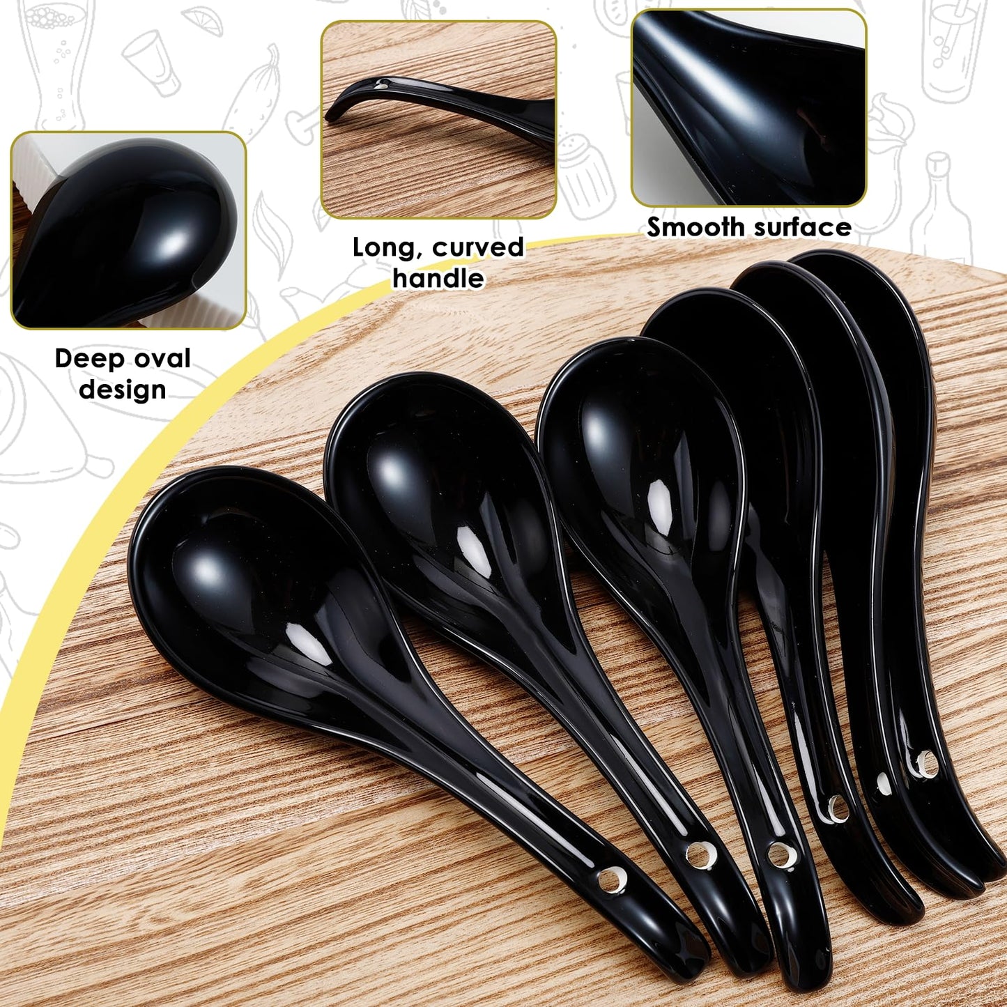 PUREZON 6 PCS Asian Soup Spoons, 6.55 inch Black Kitchen Spoons, Ceramic Deep Oval Hook Design, Chinese Ramen Spoon for Dumpling, Noodles, Miso