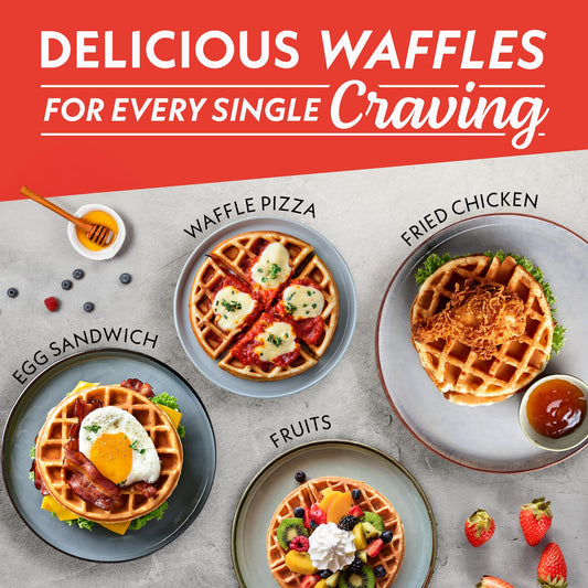 Gourmia Belgian Waffle Maker – Compact Design with Upright Storage, Adjustable Browning, and Easy-Clean Nonstick Ceramic Plates, Stainless Steel