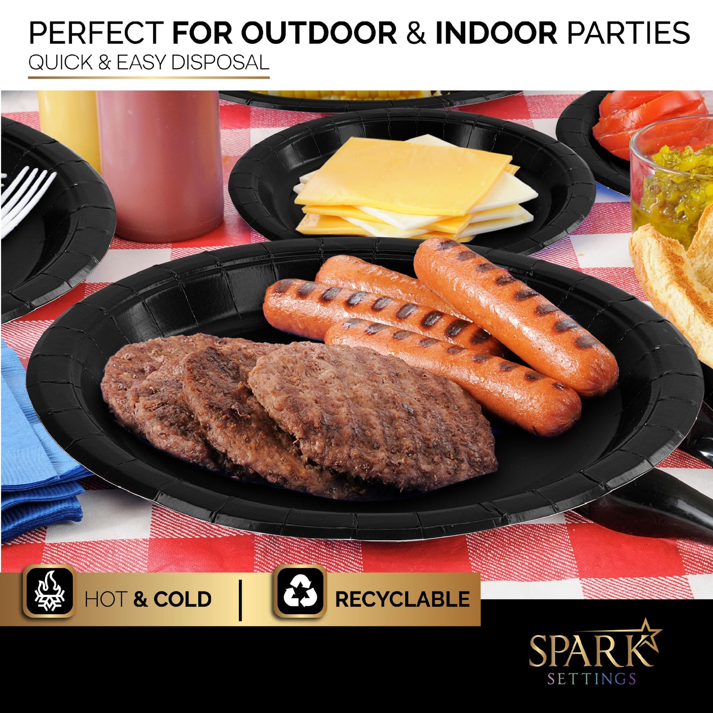 Black Party Supplies Set Paper Plates Plastic Cups Forks Knives Spoons Napkins Tablecloth Serves 20 Guests Disposable Dinnerware Set of 222 Pieces, Complete Tableware for Party - By SparkSettings