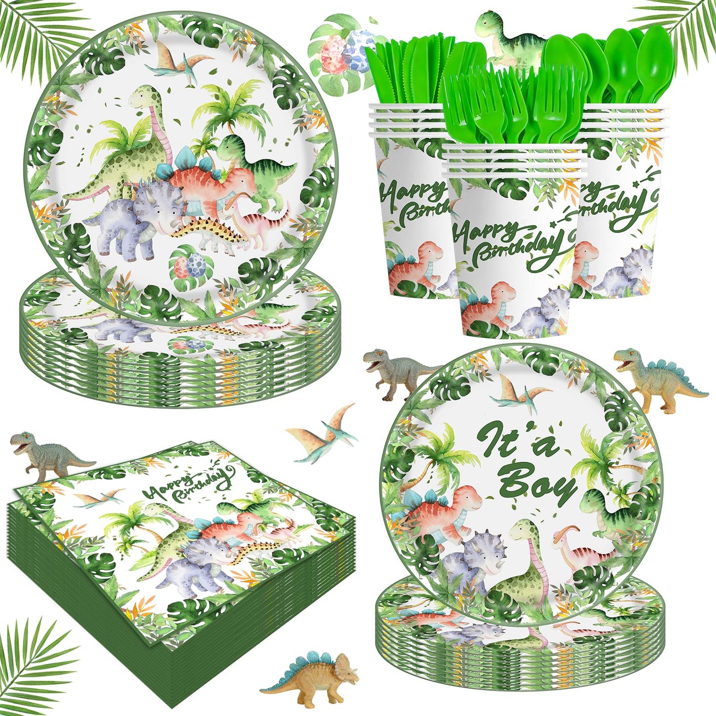 140Pcs Dinosaur Paper Plates and Napkins Set Dinosaur Party Supplies Wild Baby Shower Boys Birthday Decorations, Includes Dessert Plates Napkins Cups Forks Knives and Spoon for 20 Guests