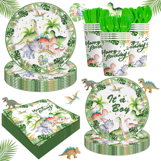 140Pcs Dinosaur Paper Plates and Napkins Set Dinosaur Party Supplies Wild Baby Shower Boys Birthday Decorations, Includes Dessert Plates Napkins Cups Forks Knives and Spoon for 20 Guests