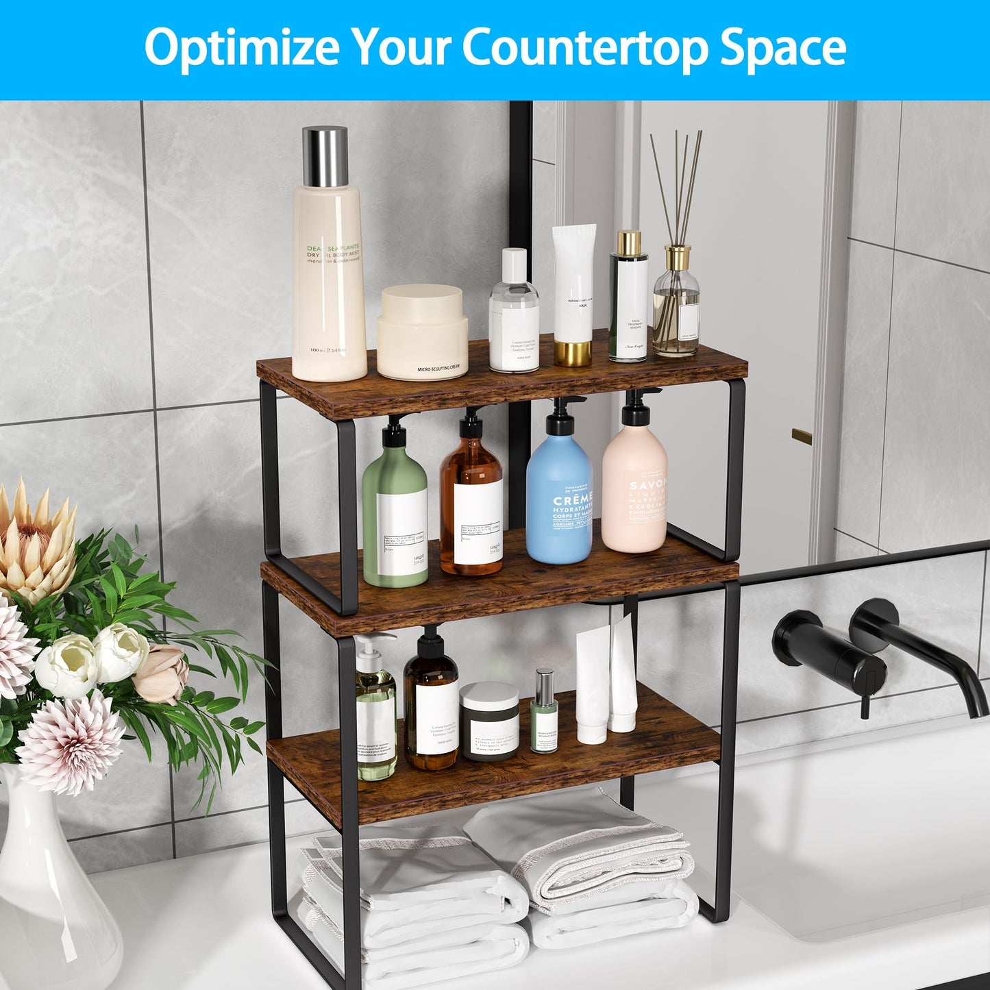 Golener Countertop Organizer Corner Shelf, 2-Tier Adjustable Stackable Corner Shelves for Kitchen, Spice Rack, Coffee Area, Over Sink, Bathroom, Dresser Table, Corner Counter Shelf Stand, Rustic Brown