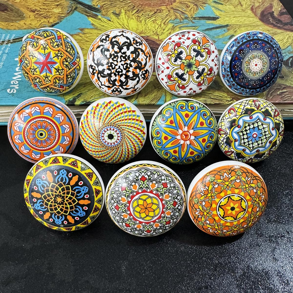 YOUYOUULU Bohemian Ceramic Knobs - 10Pcs Round Porcelain Knobs - Exquisite Ceramic Bohemian Handles - Bohemian Style Cabinet Knobs