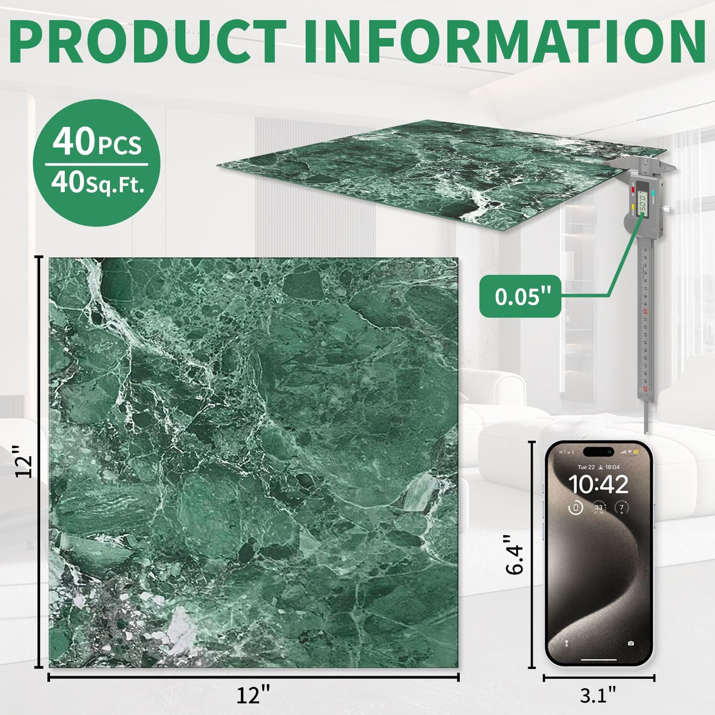 40 Pack Cover 40 Sq.Ft Peel and Stick Floor Tiles, 12” x 12” Self Adhesive Vinyl Flooring Easy DIY Installation for Kitchen, Living Room, Laundry, RV, Green Marble