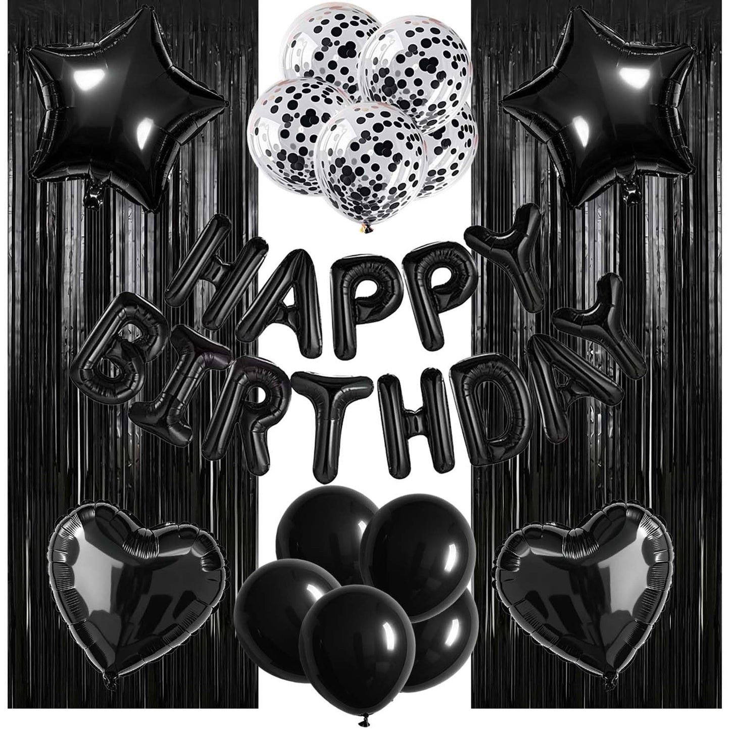 WEIKA 29 Pcs Black Birthday Party Decorations - Happy Birthday Balloons Banner, Heart & Star Foil Balloon, Confetti & Latex Balloons, Foil Fringe Curtains Party Supplies for Men