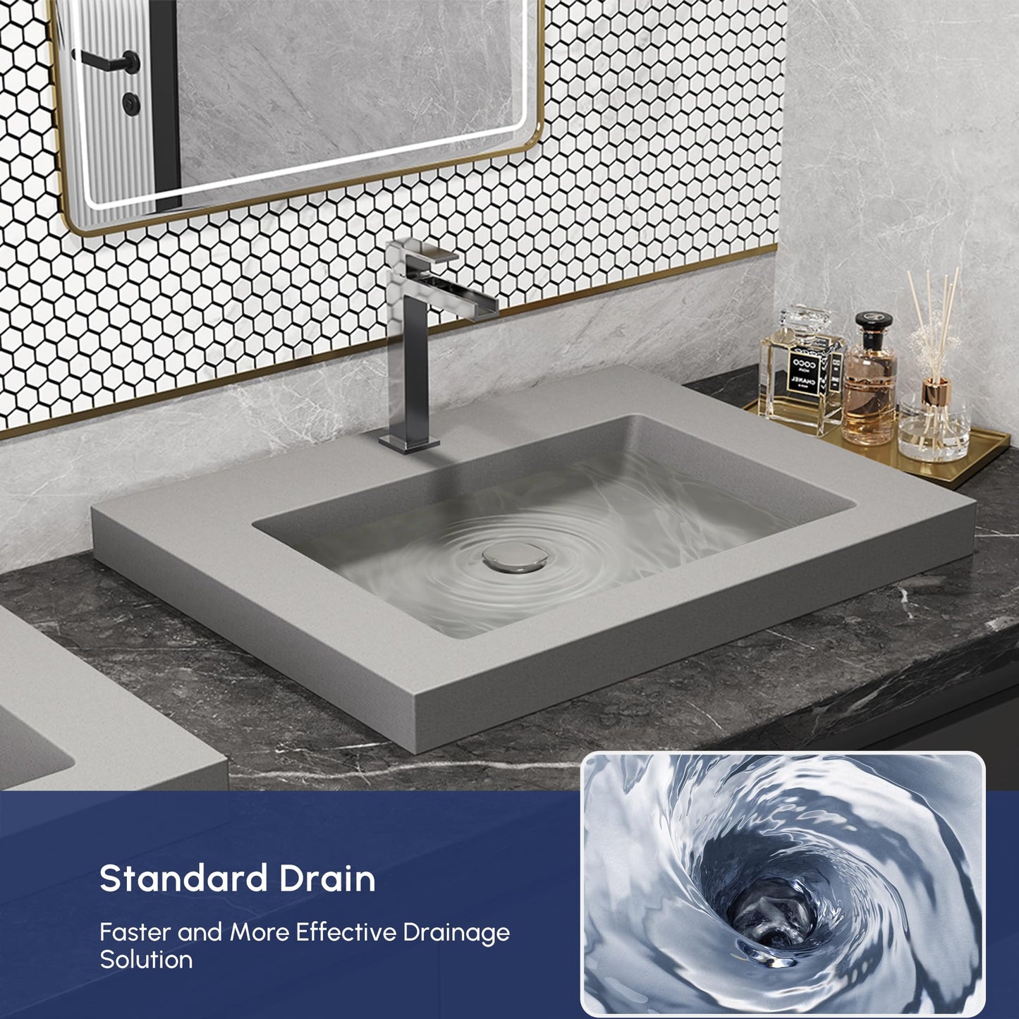 Weibath Semi Recessed Bathroom Sink, 23.4 Inch Rectangular Bathroom Vessel Sink, Drop-In Countertop Basin with Single Faucet Hole, Center Drain Assembly for Modern Vanity Cabinet, Gray