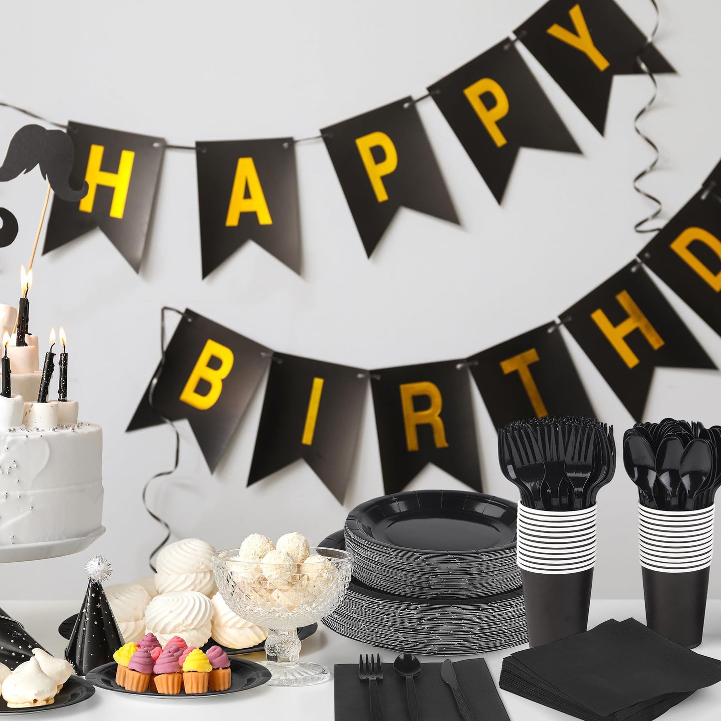 Kochorie 350 Pieces Black Dinnerware Set, 7 & 9 inch Dessert Paper Plates Cups Napkins Plastic Cutlery Disposable Party Supplies for Birthday Baby Shower Wedding, Serve 50 Guests