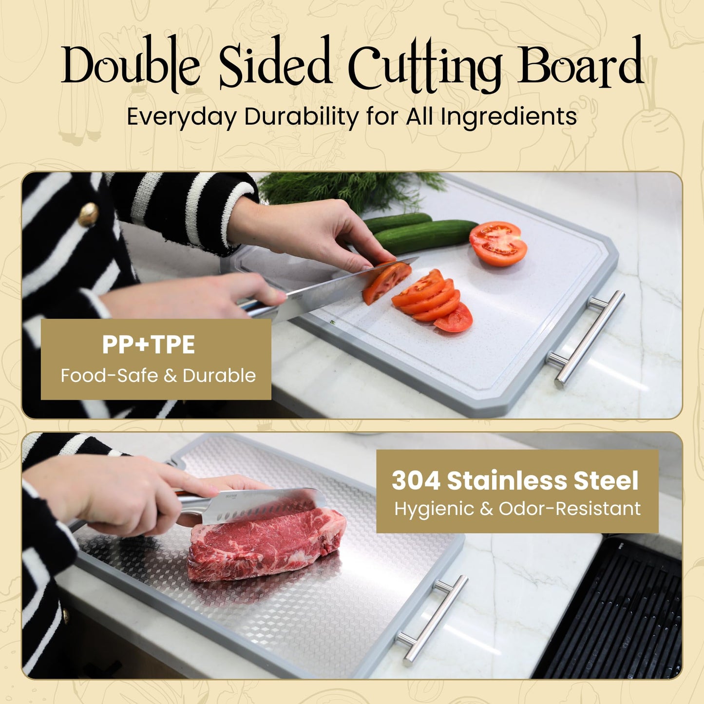 MUGAA Stainless Steel Cutting Board, Double-Sided 304 Stainless Steel & PP, Built-In Knife Sharpener, Non-Slip Juice Groove, Dishwasher Safe Steel Cutting Boards For Kitchen, Medium (15.6" x 12")