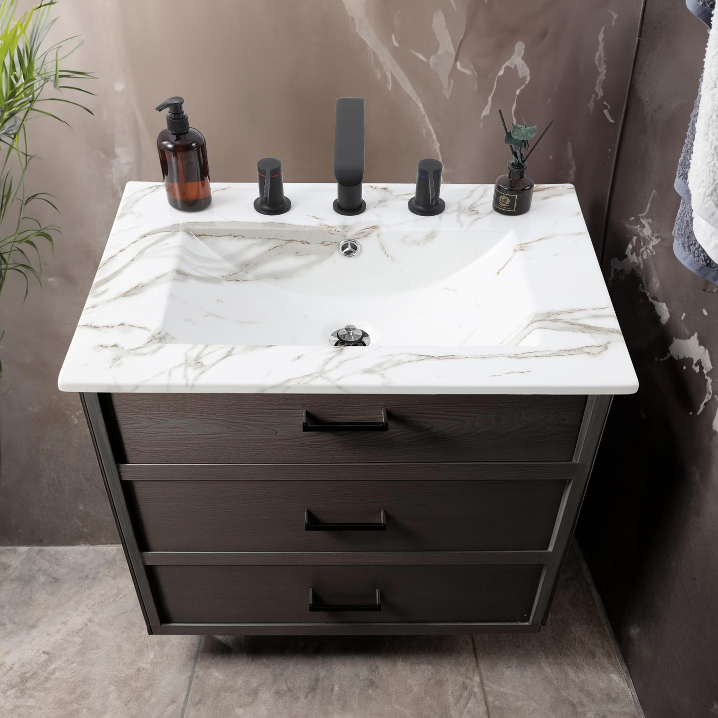 JONATHAN Y SNK1001C Ancillary 3-Hole 24 in. W x 18.25 in. D Classic Contemporary Rectangular Ceramic Single Sink Basin Vanity Top, White Marble Effect