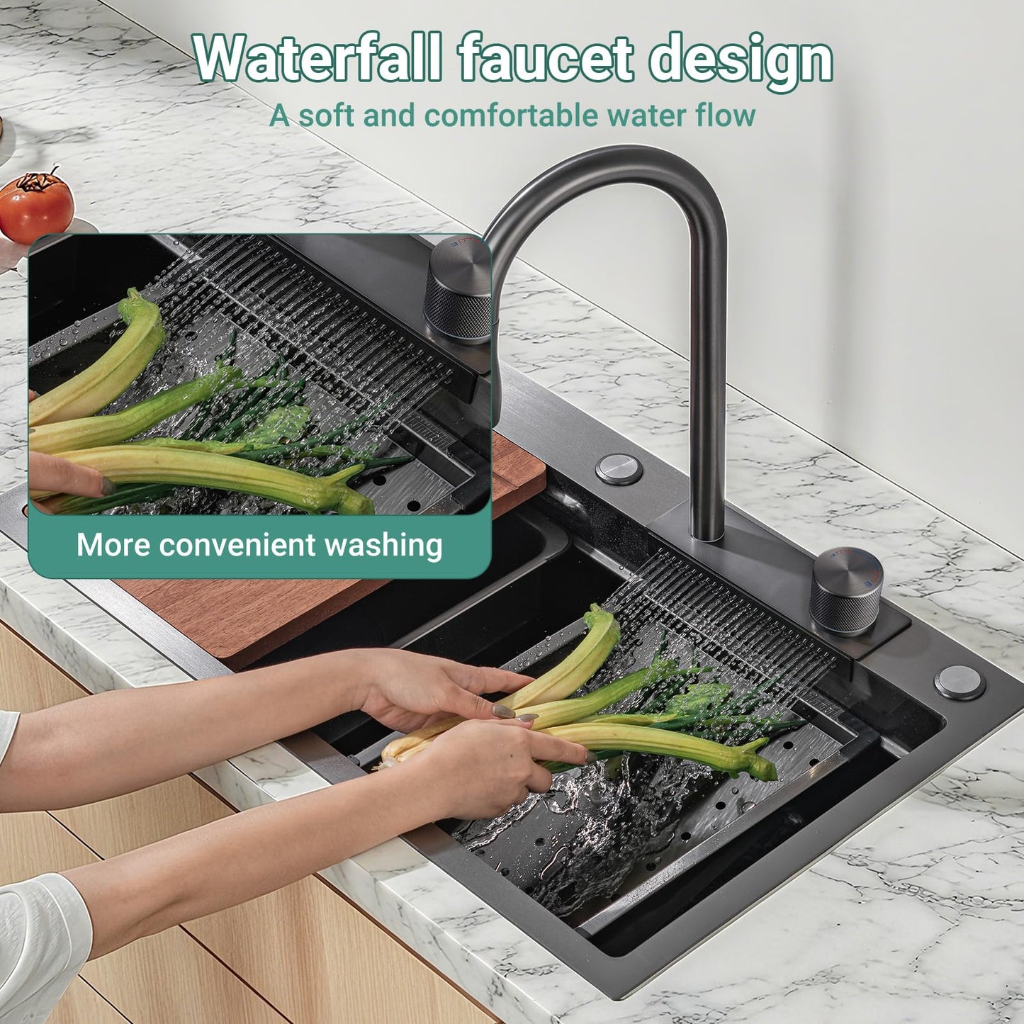 30Inch Kitchen Sink with Faucet Combo Waterfall Black Stainless Steel Waterfall Sink Kitchen Countertop Multi-Functional Sinks Farmhouse Undermount or Countertop Drop in