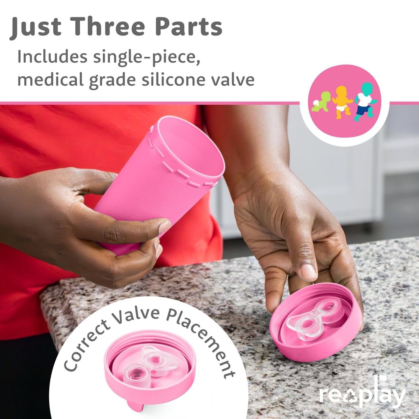 Re-Play Toddler Dinnerware Set - Spill-Proof Sippy Cup, 7" Divided Plate, Fork & Spoon - Durable Recycled Dining Set for Kids - Dishwasher & Microwave Safe - Made in USA - Pink