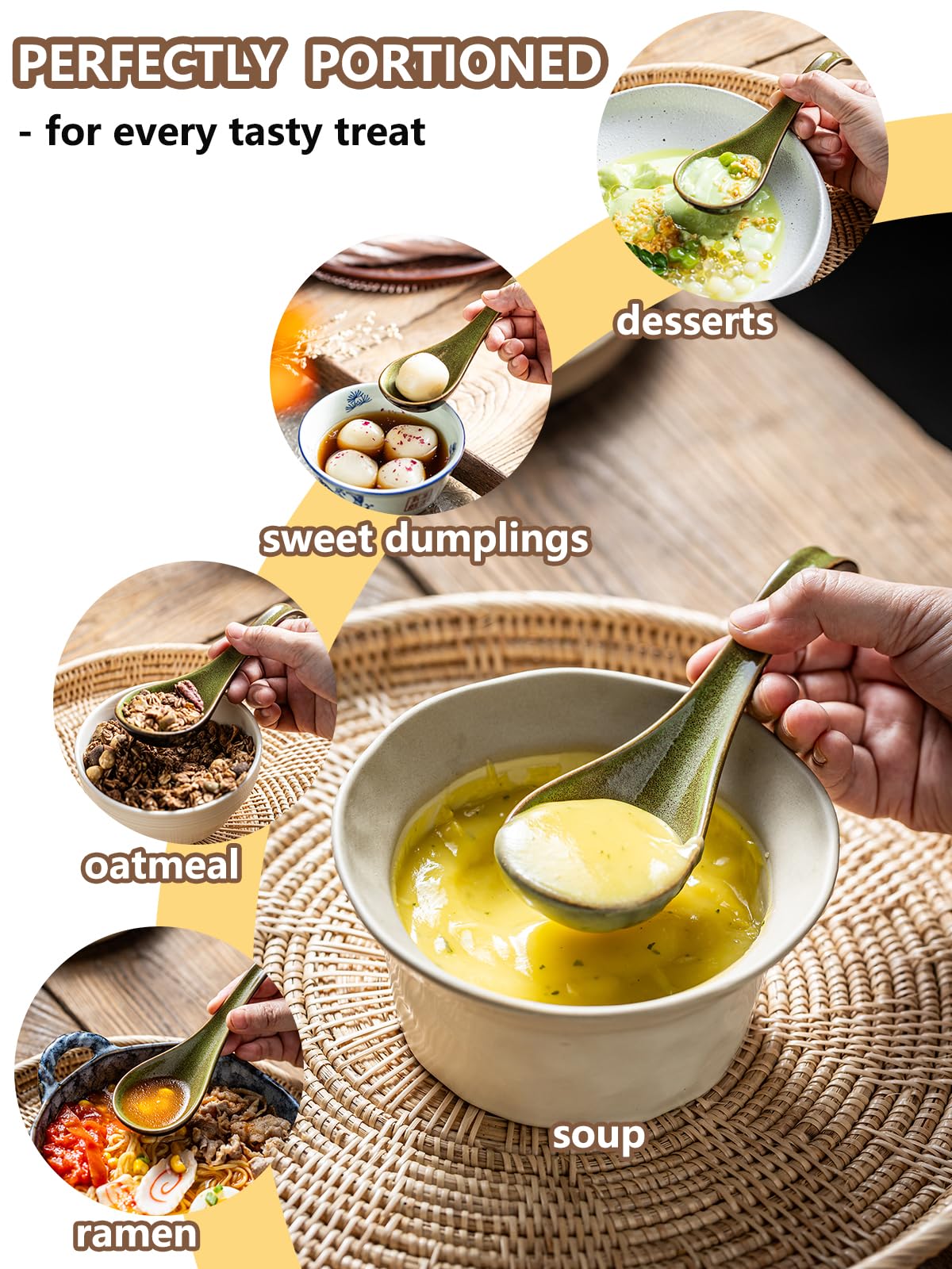 Gomakren Asian Soup Spoons, 6.5 Inch Ceramic Chinese Soup Spoons for Cereal, Ramen, Pho, Noodles, Stews, Green Kitchen Spoons with Long Handle and Deep Oval Design, Mothers Day Gifts - Set of 6