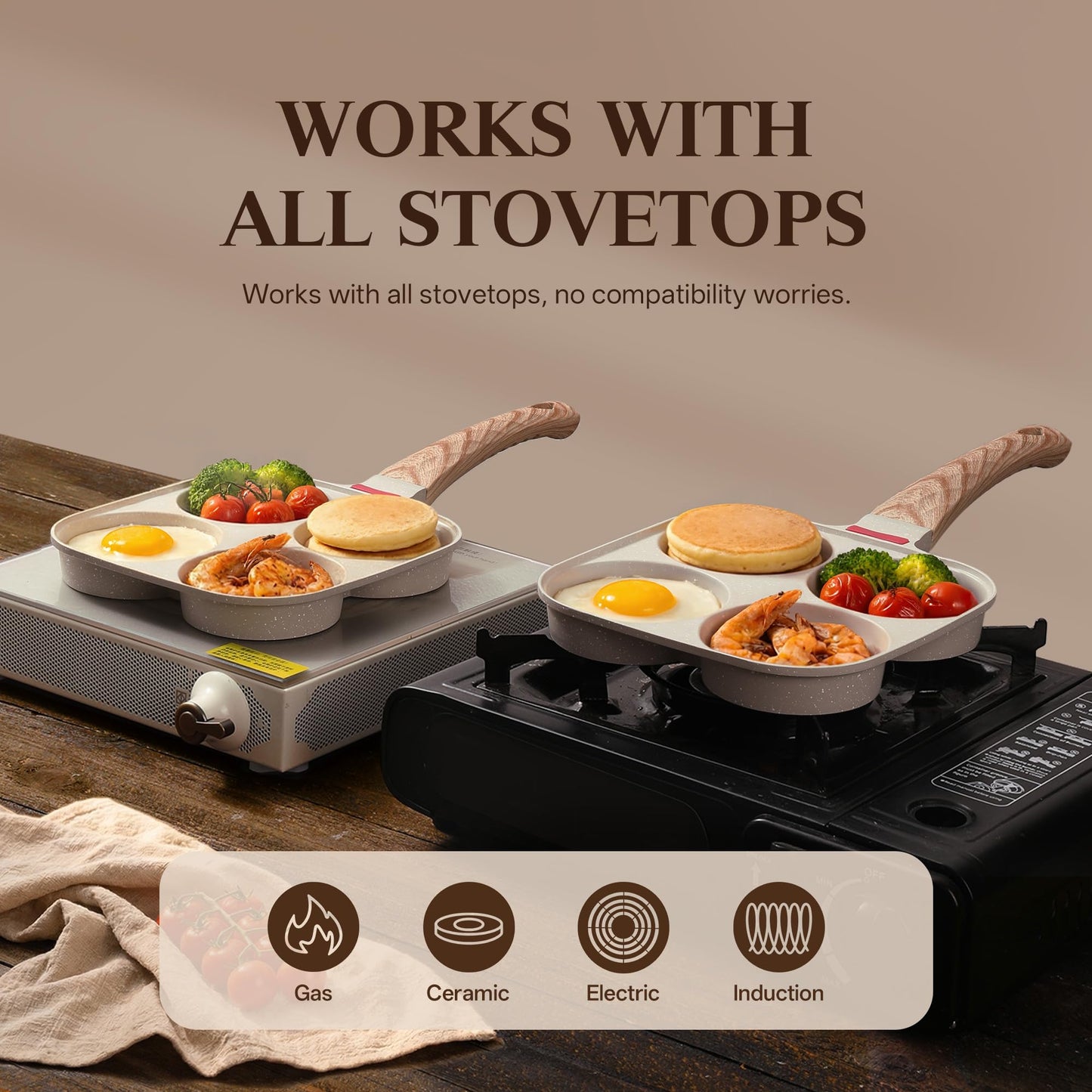 Foorey Home Egg Pan 4 Cup Nonstick Frying Omelette Pan with Lid for Breakfast Skillet for Eggs Pancake with 1 Spatula 1 Brush White