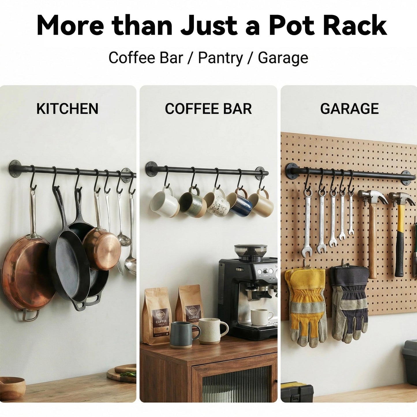 Conwithna Black Steel-made Kitchen Utensil Rack Organizer Wall-mounted Pot Pan Wall Hanger Holder For Hanging Rail with 10 S Hooks