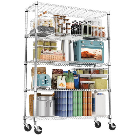 M MZG 1750LBS 47.2" W 5 Tiers Storage Shelves Metal Shelving Unit with Wheels Heavy Duty Garage Shelving Adjustable Wire Shelves for Pantry,Kitchen,Garage,Basement,Chrome 17.7" D x 47.2" W x 76.8" H