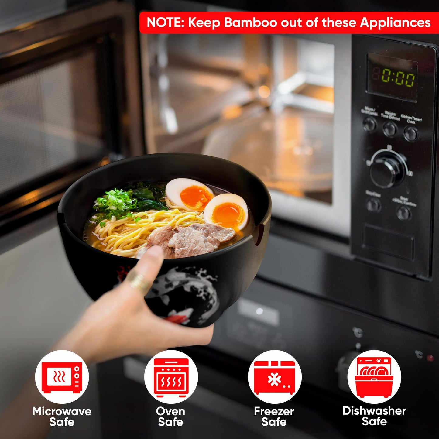 i2 Home Japanese Ramen Bowl Set of 4-20 Pcs, 32 Oz Ceramic Microwaveable & Dishwasher Safe Large Noodle Bowls with Lid & Built-In Chopstick Holder, Pho, Udon, Thai, Korean, Rice - 6.5 Inch