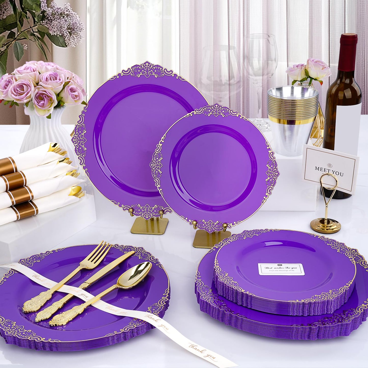 Realluck 350 PCS Purple and Gold Plastic Plates, Plastic Dinnerware Set for 50 Guests, 100 Disposable Plates, 150 Silverwares, 50 Cups, 50 Napkins for Party, Wedding, Graduation