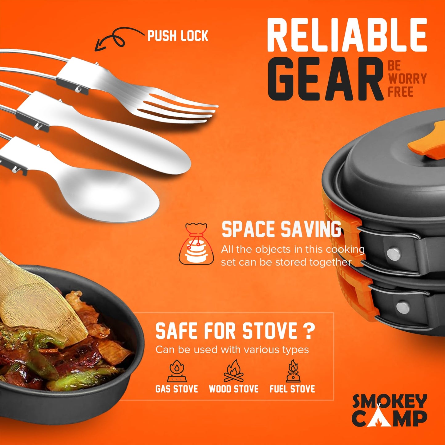 11 Pcs Smokey Camp Backpacking Cooking Set with Stove & Adapter - Pot, Pan, Stove, Cutlery, Compact Camping Cookware Mess Kit for One Person, All in One Non-Stick Camping Cooking Set, Hiking, Picnic