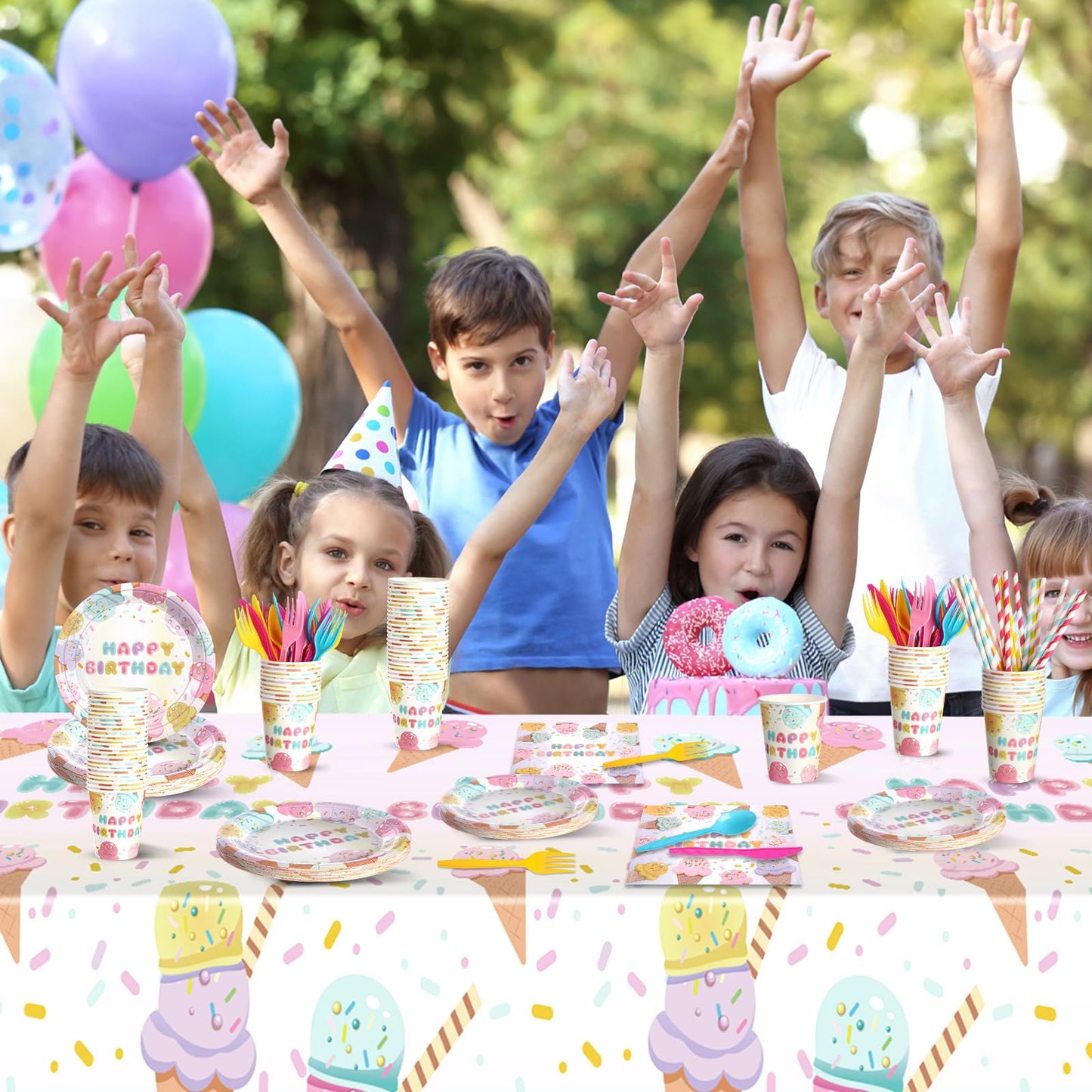 LOYIM 194 Pcs Ice Cream Birthday Party Decorations Supplies 24 Guest Disposable Dinnerware with Ice Cream Tablecloth Paper Plates Cup Napkin Plastic Fork Knives Spoon for Grow up Party Shower