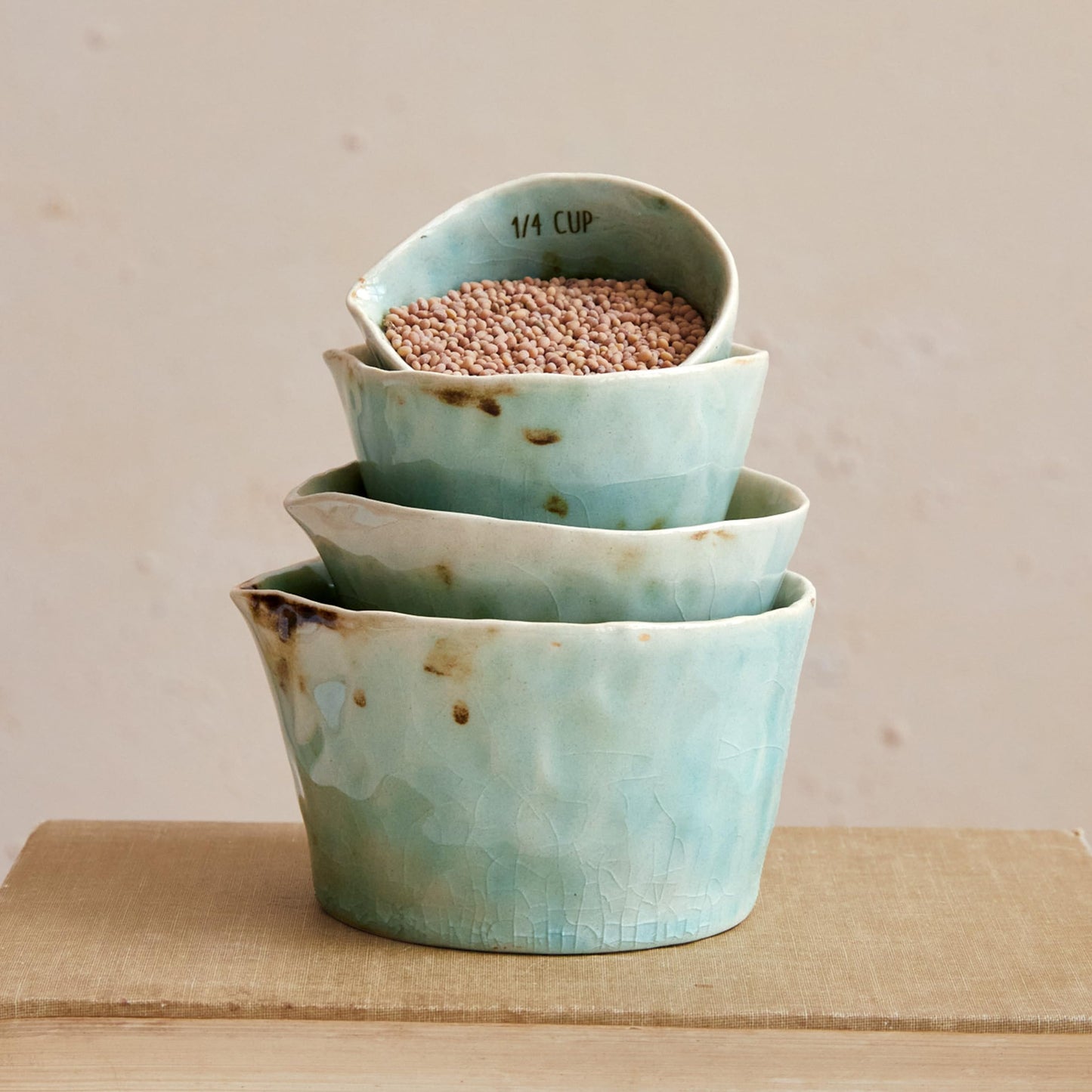 Creative Co-Op Stoneware Measuring Cups with Reactive Crackle Glaze, Green, Set of 4