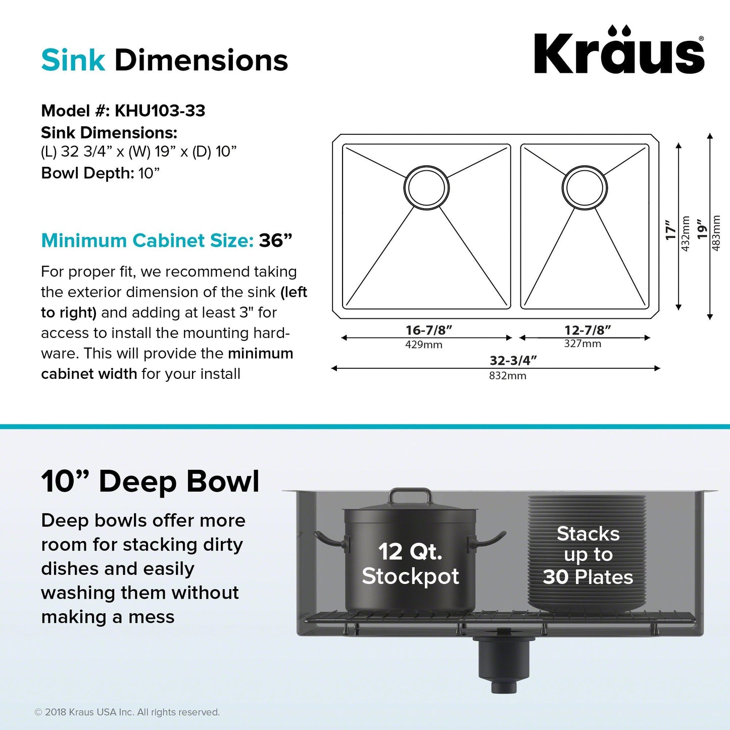 Kraus Kitchen Sinks Undermount - 33 Inch Stainless Steel Kitchen Sink, 60/40 Double Bowl, 16 Gauge, Model KHU103-33