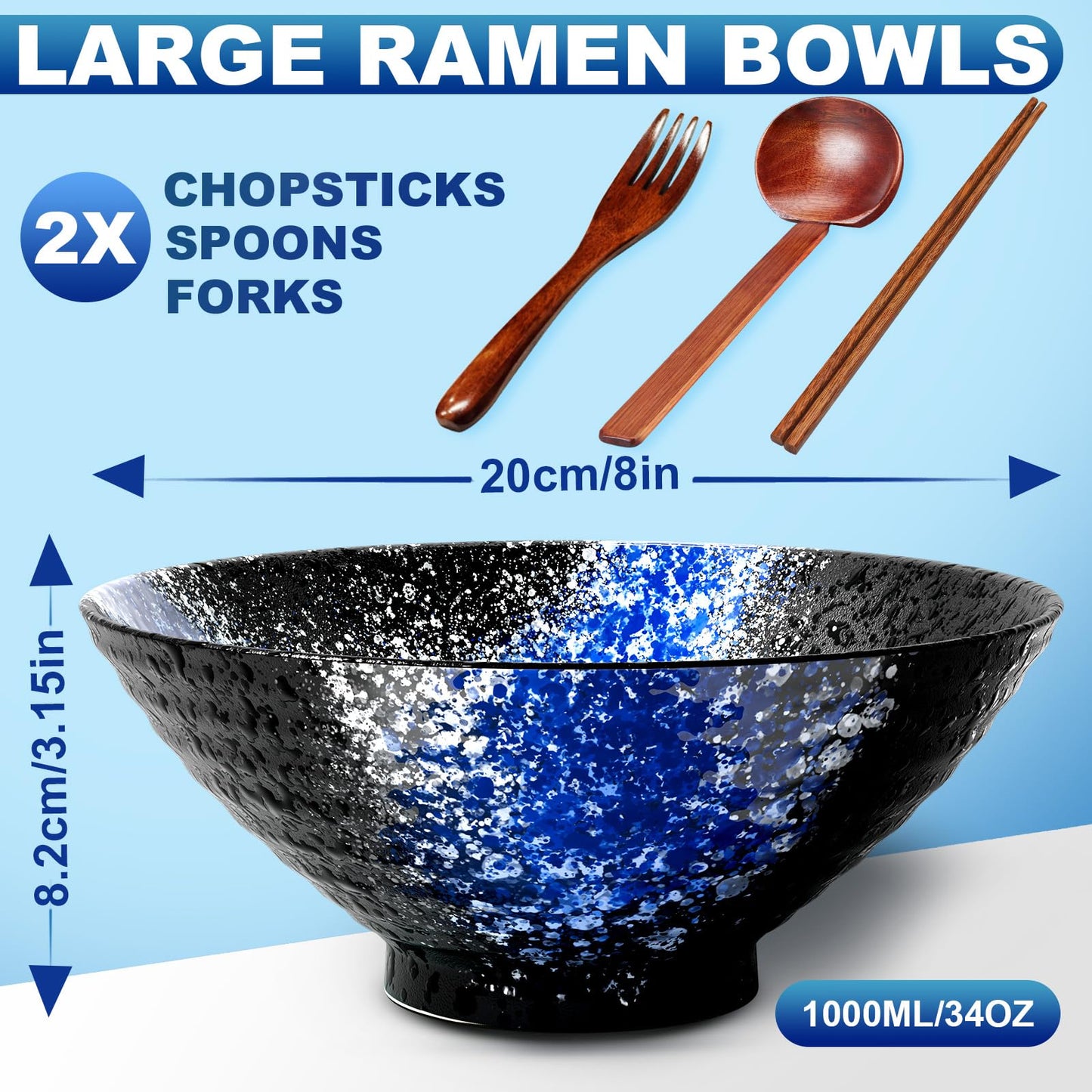 8-Inch Large Ceramic Ramen Bowl Set of 2 (9 Piece) - Microwave & Dishwasher Safe Porcelain Japanese Salad Noodles Cereal Fruit Pasta Soup Bowls with Recipes Chopsticks Forks Spoons for Men Women Gift