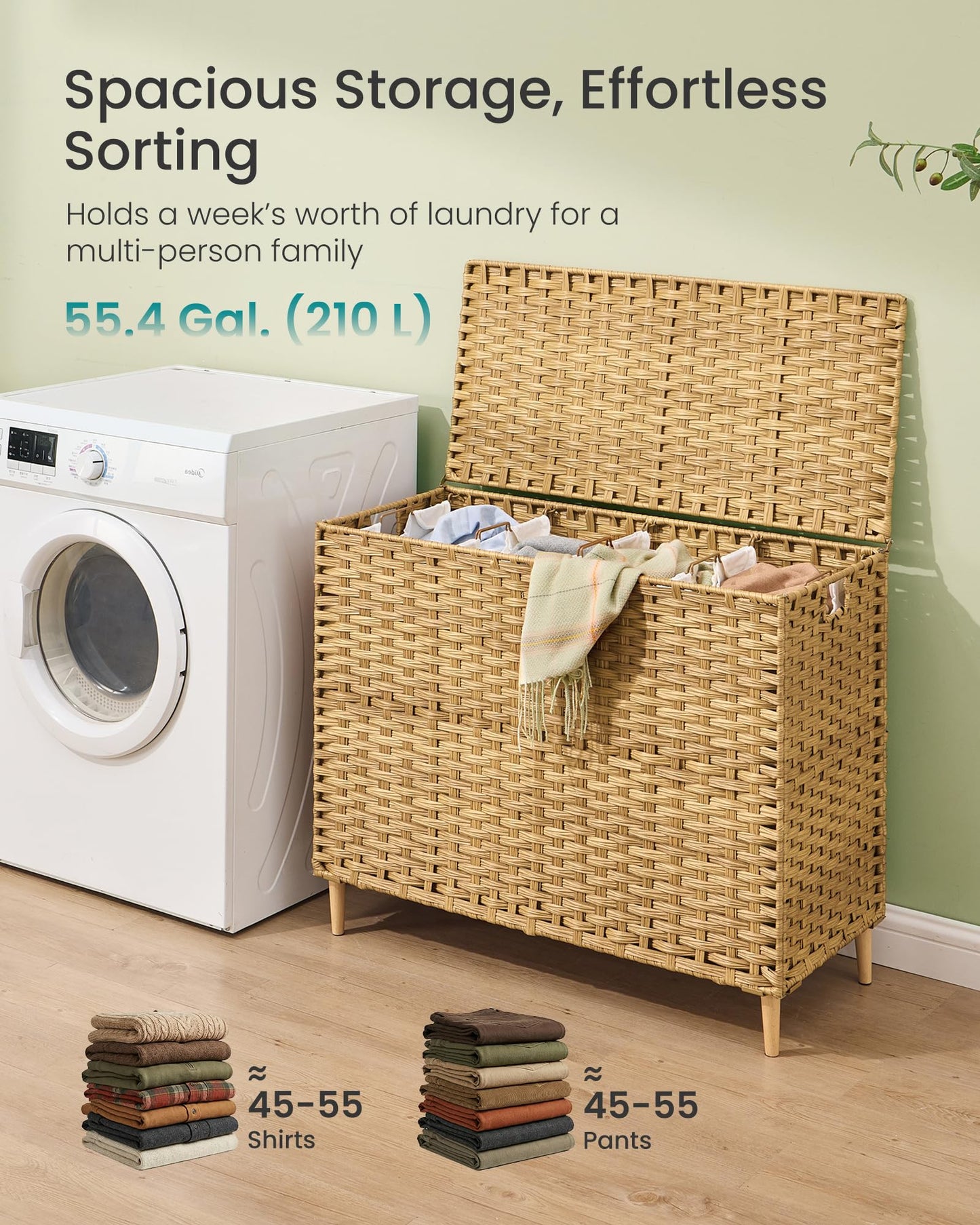 SONGMICS 4-Section Laundry Hamper with Lid, 55.4 Gal (210L) PE Rattan Laundry Basket with Removable Washable Liners, for Bedroom & Living Room, Goose Yellow ULCB224YE01