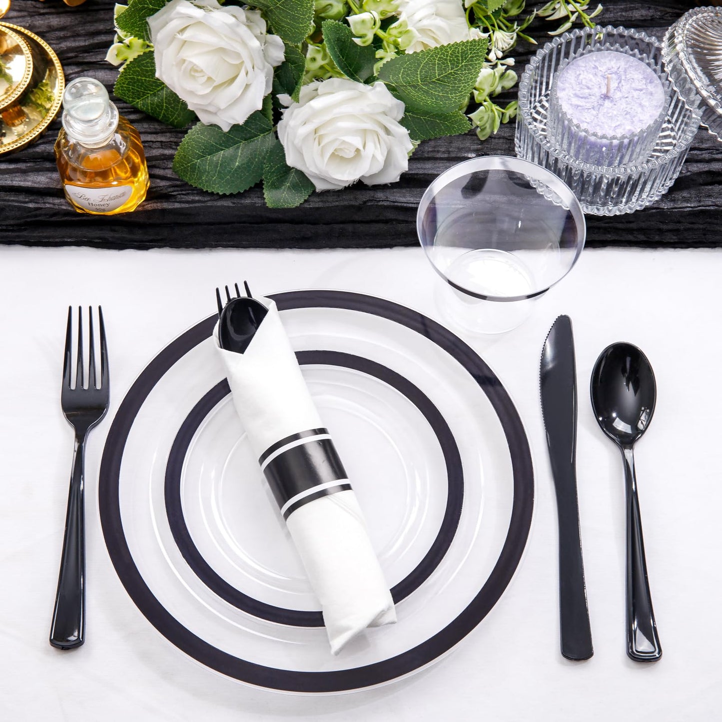 Liacere 350PCS - Clear Plates with Black Rim for 50Guests Dinnerware Include 100 Clear Plates disposable 150 Black Silverware 50 Napkins for Party & Graduation