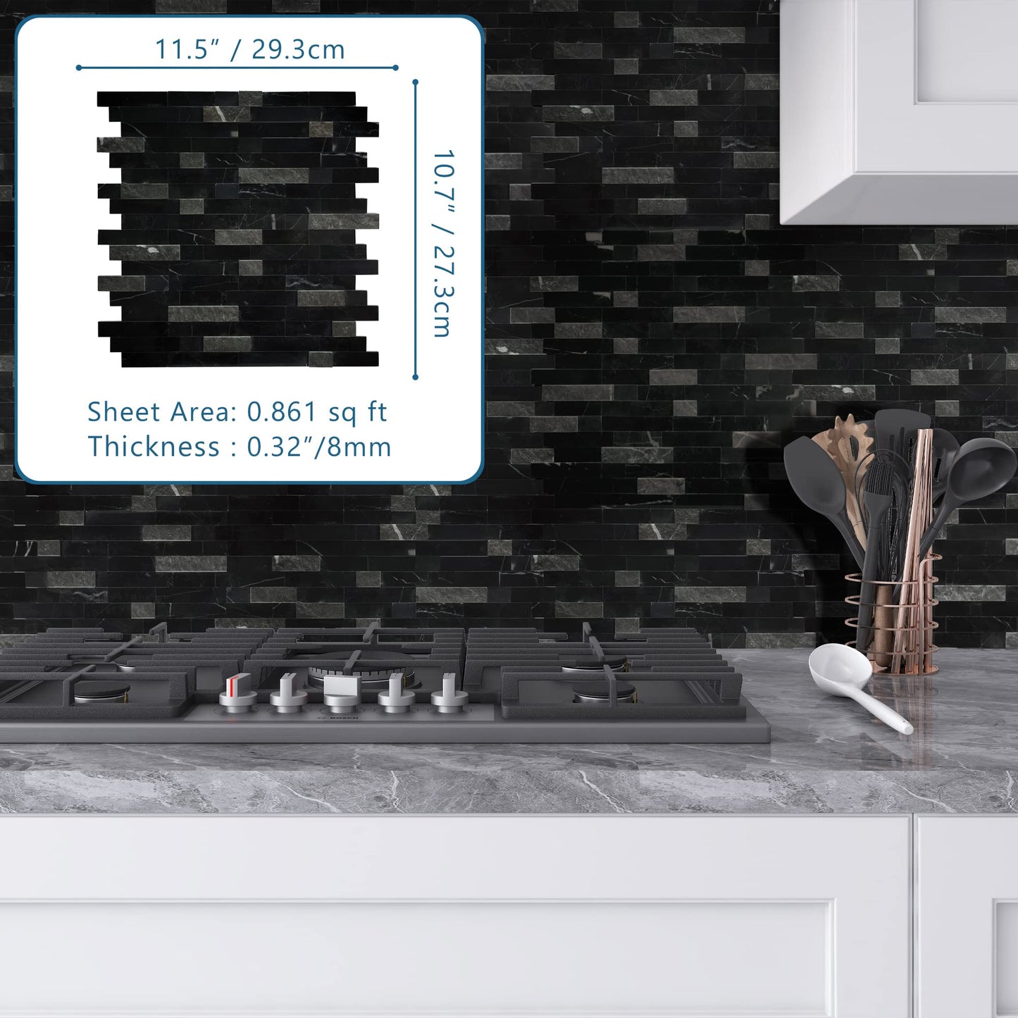 SUNWINGS 5-Sheet Peel and Stick Mosaic Natural 3D Stone Self Adhesive Marble Tiles, 11.5" x 10.7" Stick on Backsplash for Kitchen Bathroom Fireplace Vanity, Mixed Black