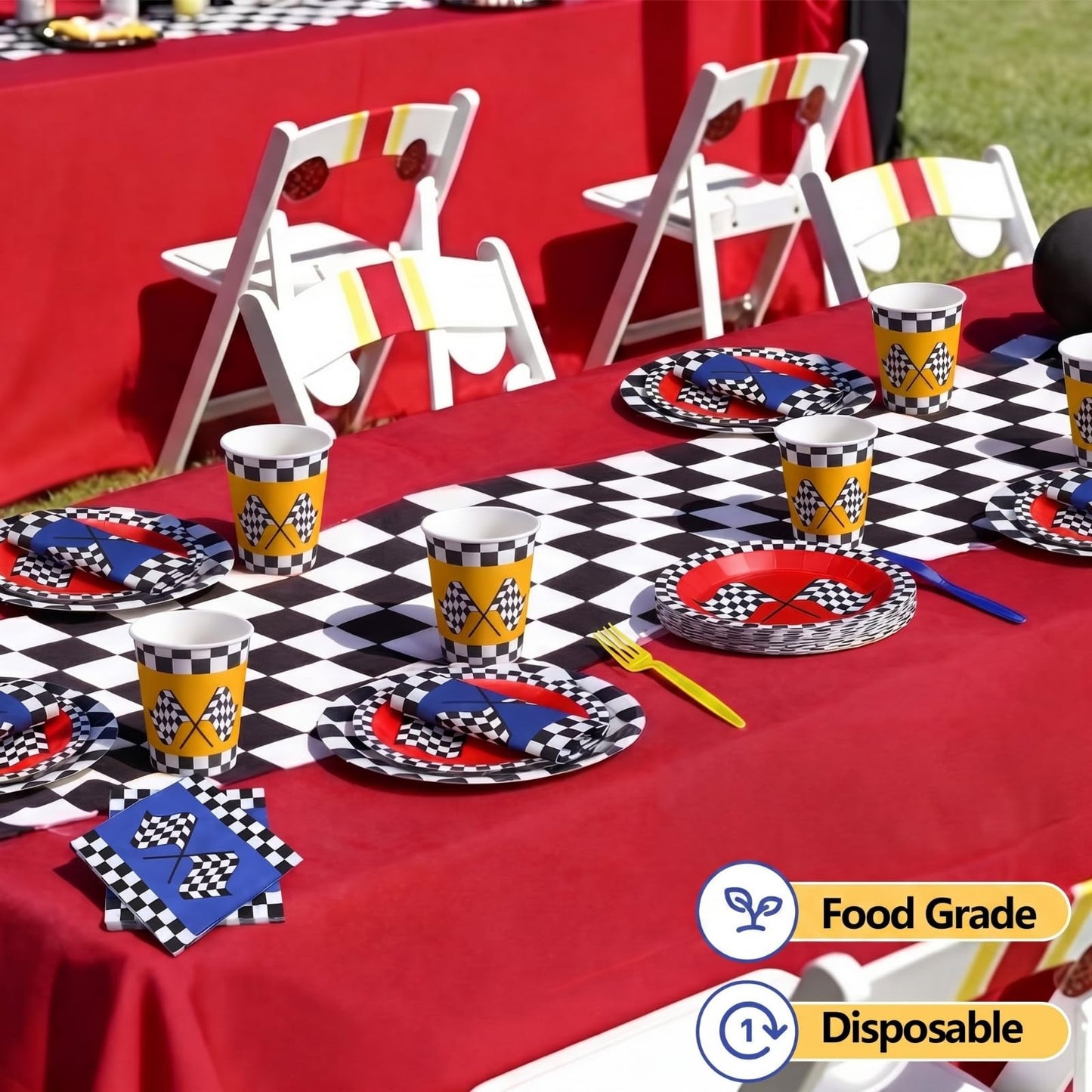120 Pcs Race Car Birthday Decorations Fast One Party Tableware Set Blue Red Yellow Checker Flag Party Supplies If You Ain't First You're Last Paper Plates Napkin Cups Forks Knives Spoon for 24 Guest