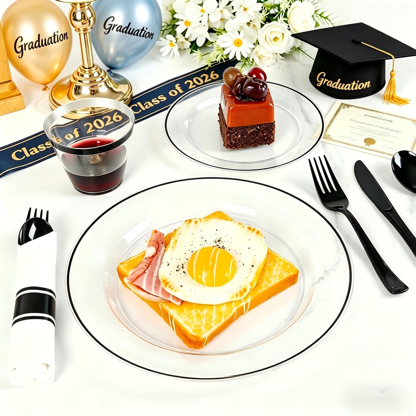 SUT 175 Pcs Black and Clear Plastic Dinnerware Set for 25 Guests, Include: 25 Dinner Plates, 25 Dessert Plates, 25 Pre Rolled Napkins With Silverware, 25 Cups, Disposable Plates for Party