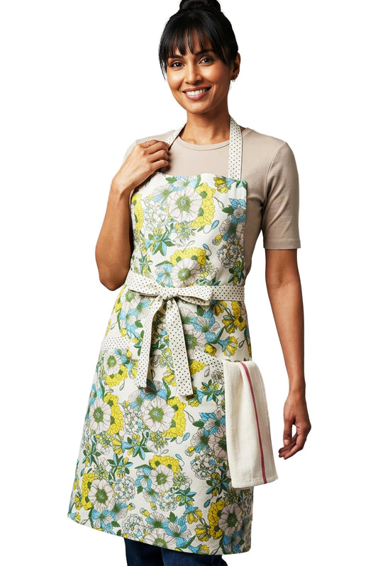 RUSTIQUE LINENS Floral Yellow 100% Cotton Printed Kitchen Apron with 2 Pockets for Women – Adjustable Chef Apron with Bright Flower Design for Cooking, Baking, or BBQ – Soft and Machine Washable