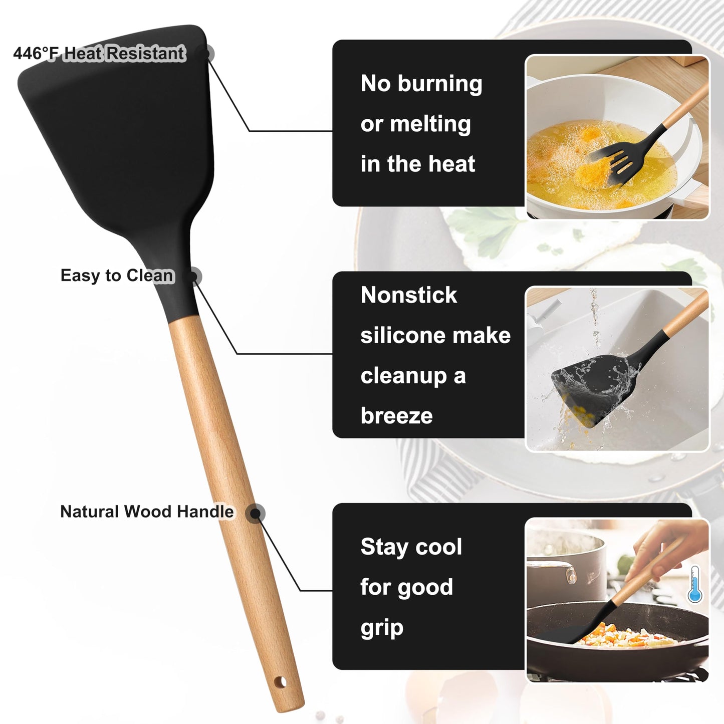 E-far Silicone Cooking Utensils Set, 10-Piece Black Kitchen Utensils Set with Wooden Handle for Nonstick Cookware, Heat Resistant Kitchen Nonstick Tools Spatula Whisk Tongs Ladle, Non-toxic & Healthy