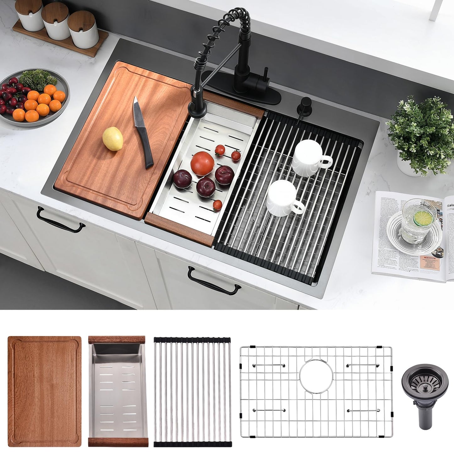 BWXIAOC 33 x 22 Drop In Kitchen Sink Black Workstation - 16 Gauge Stainless Steel Sinks Handmade 10 Inch Deep Single Bowl Kitchen Sink Top Mount Easy to Clean