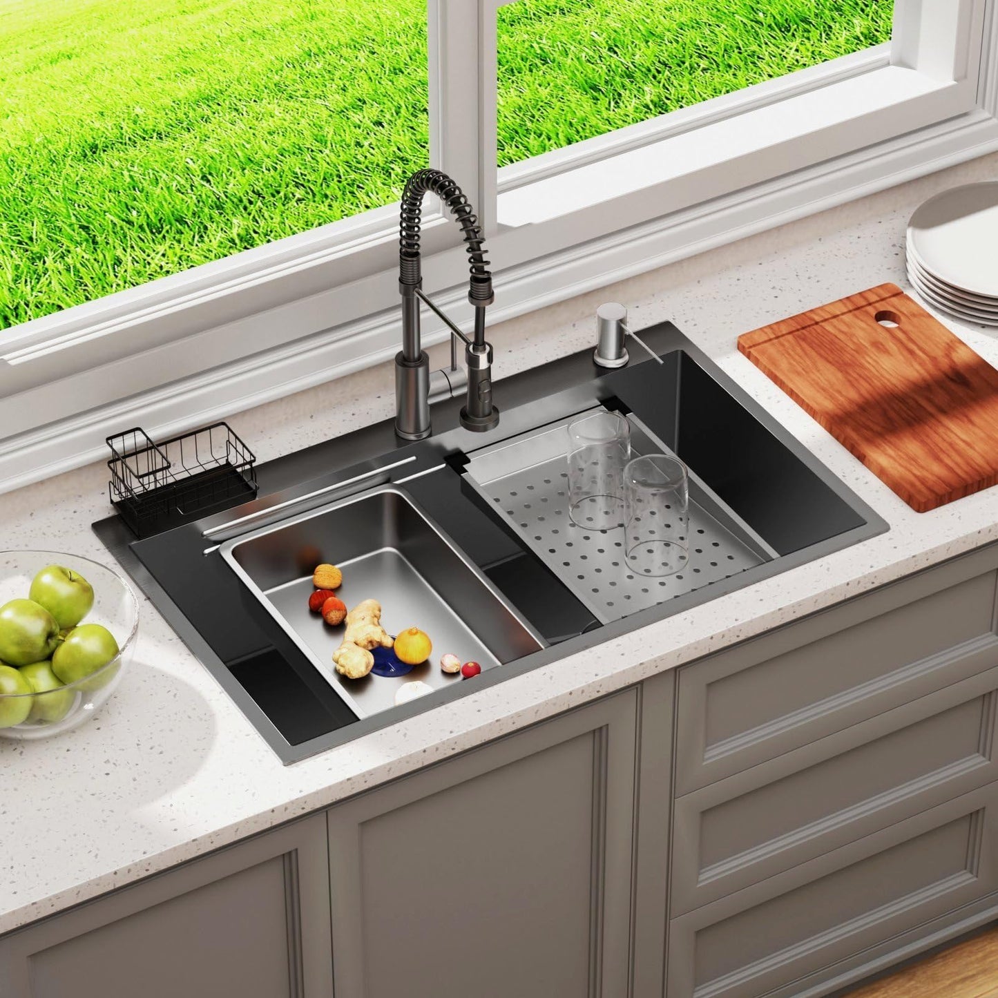 30 x 18 inch Kitchen Sink, Single Bowl Stainless Steel Gunmetal Black Topmount Multifunctional Drop In Sink with Pull-Down Faucet (Black, 3018)