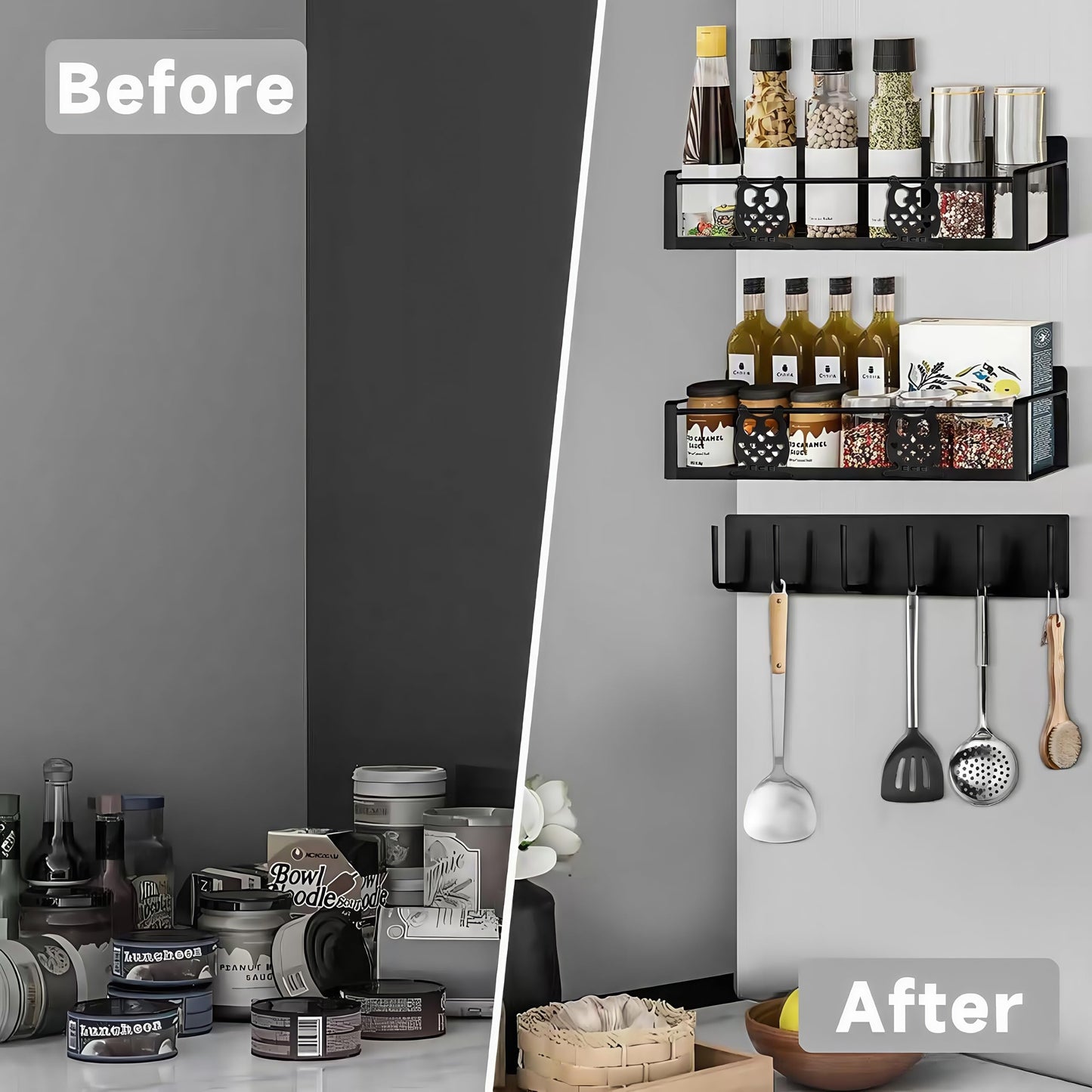 HCBaoXGui Magnetic Spice Rack for Refrigerator,Spice Organizer for Kitchen,Seasoning Organizer Rack,Magnetic Shelf with Hooks,Strong Magnet,Moveable,No Drilling(3 Pack,Black,Owl)