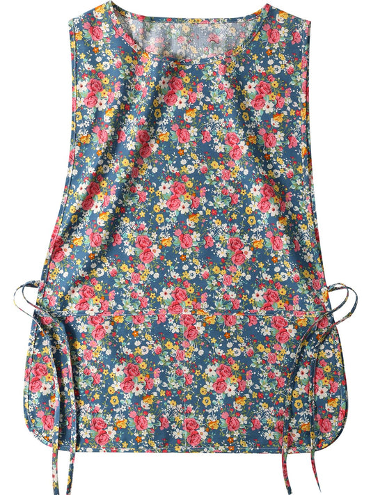 woonfond Women Cobbler Apron with 2 Pockets, Vintage Floral Aprons for Women Chef Apron for Baking, Cooking, Gardening (Rustic rose, L)