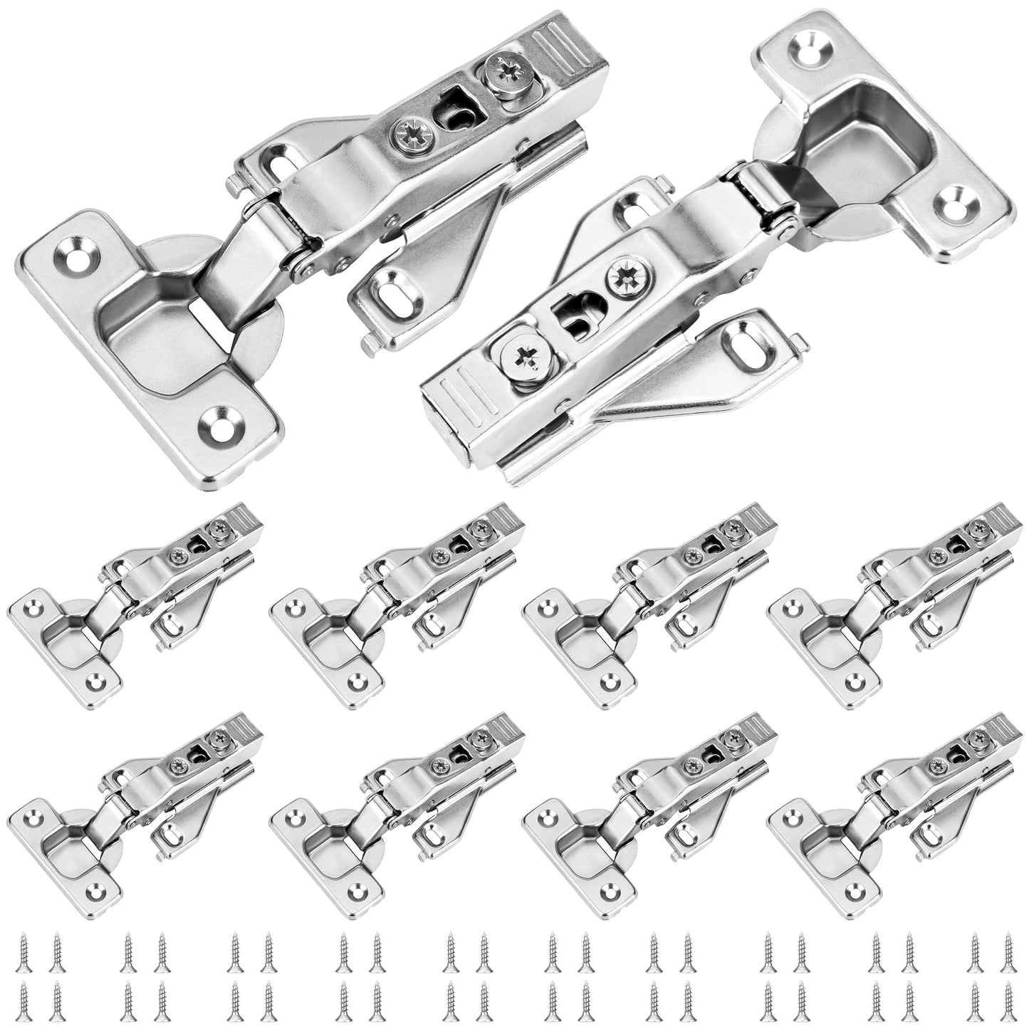 10 Pack 1/2'' Overlay Face Frame Soft Close Hidden Cabinet Hinges, 105 Degree 3D Adjustable Clip On Plate Concealed Kitchen Cupboard Door Hinges with Screws