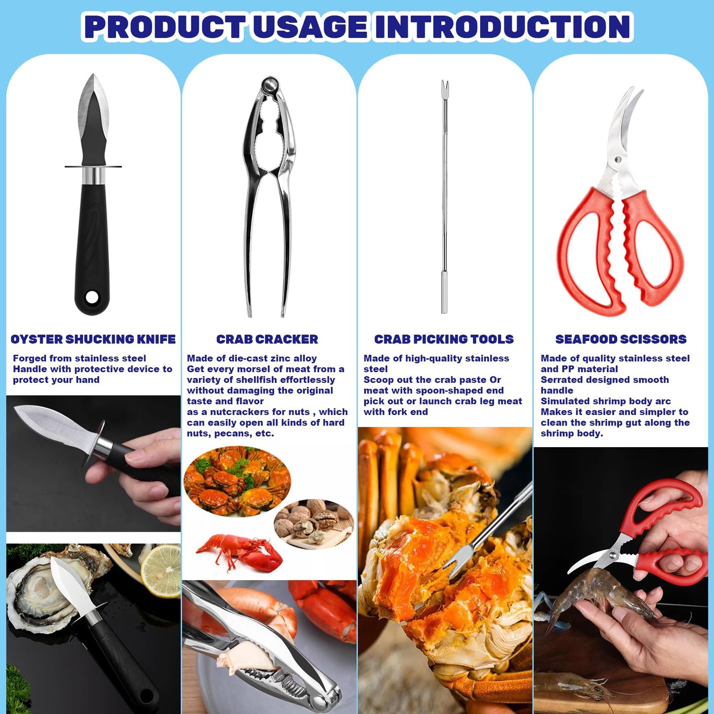 Waltool 19Pcs Seafood Tools Includes Sea Food Scissors, Crab Crackers, Oyster Knife, Lobster Crackers, Crab Hammer and Shellfish Forks, Nutcracker Set for Restaurants, Picnic and Home Use