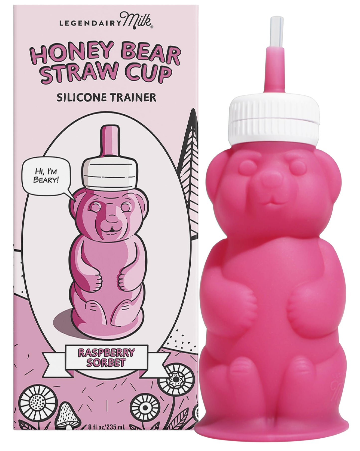 Legendairy Milk Honey Bear Straw Cup for Baby & Toddler, Silicone Squeeze Training Straw Cup, Leak Resistant Baby Sippy Cup with Straw, BPA Free, Dishwasher Safe, Bottle Transition, 8 oz, Pink