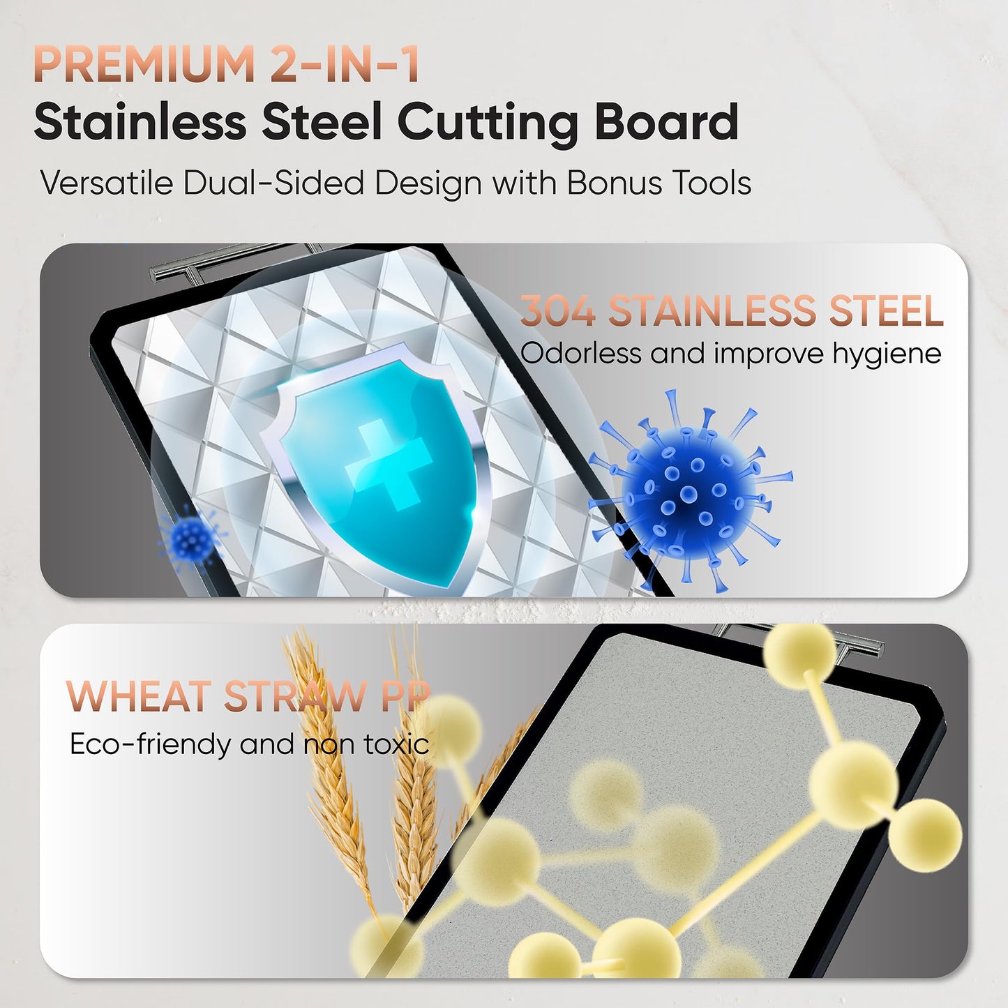 Stainless Steel Cutting Board, Heavy Duty Large 16”×11” 2-in-1 Double Sided Chopping Board for Kitchen, Food Grade Non Toxic Wheat Straw PP & Steel Surfaces, for Meat/Vegetables, Dishwasher Safe