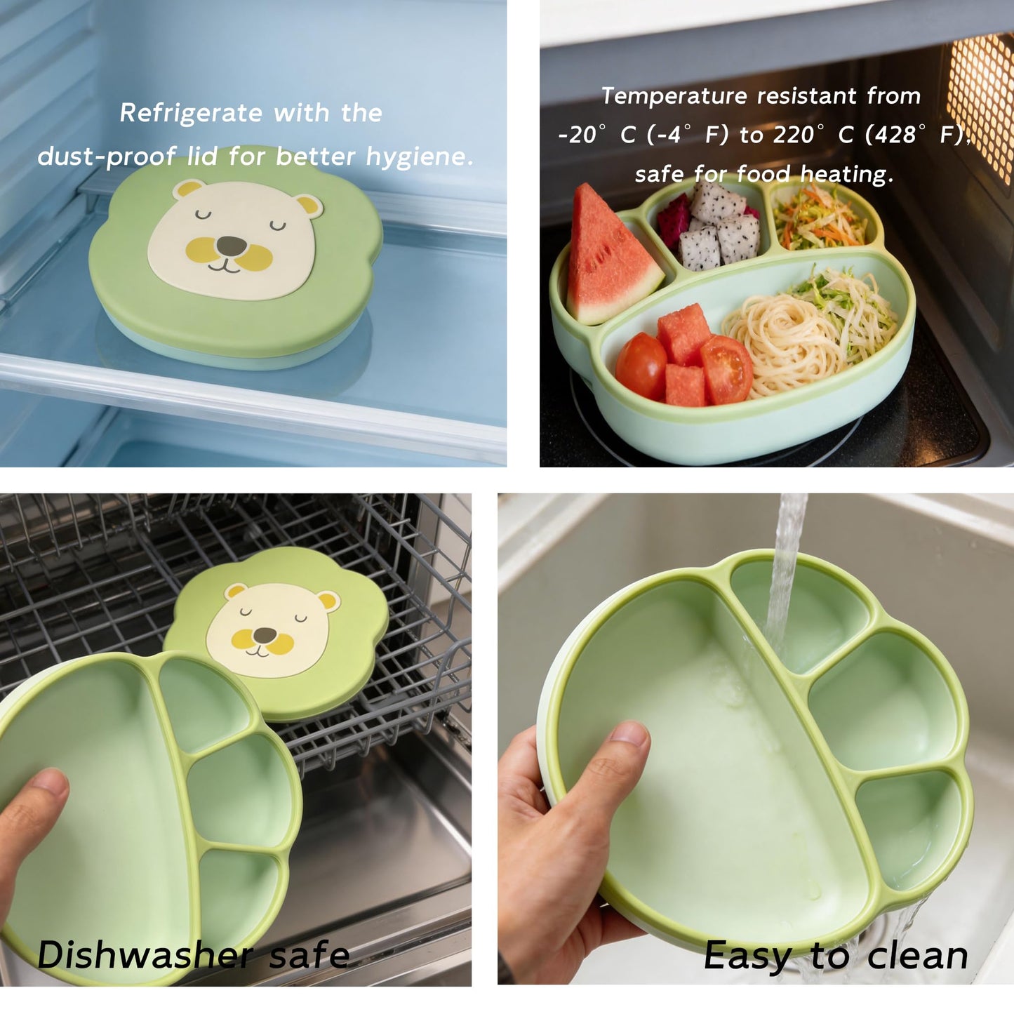 dwoo Baby Silicone Suction Plates for Toddler, Divided Self-Feeding Plate Set with 316 Stainless Steel Spoon & Fork, Dust Cover & Straw, Baby Led Weaning Supplies (Lion Design)