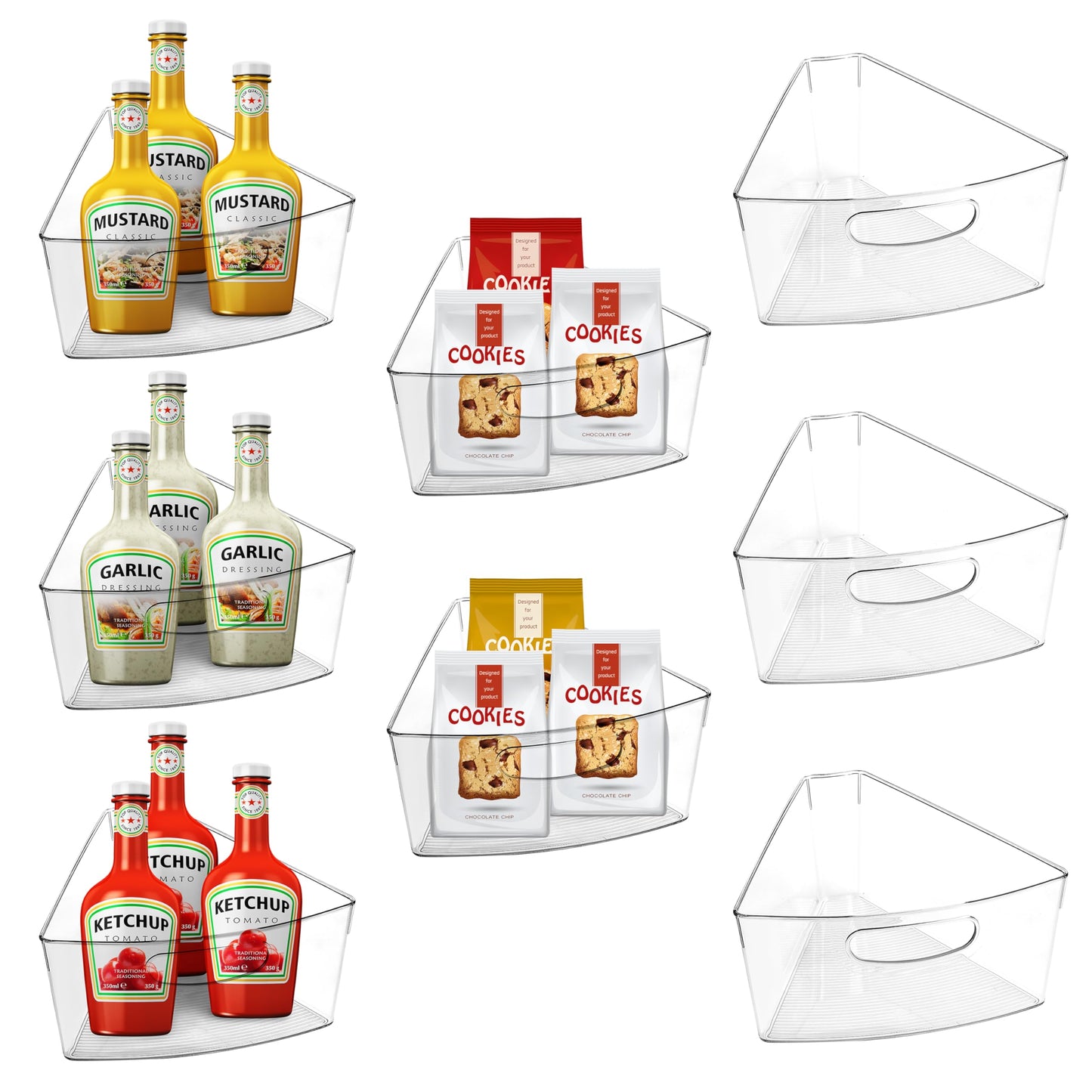 URALFA Lazy Susan Organizers Set of 8, 10"x 9.5"x 4" Corner Cabinet Organizer, Plastic Transparent Kitchen Cabinet Storage Bins with Handle, 4" Deep Container, 1/8 Wedge - Food Safe, BPA Free