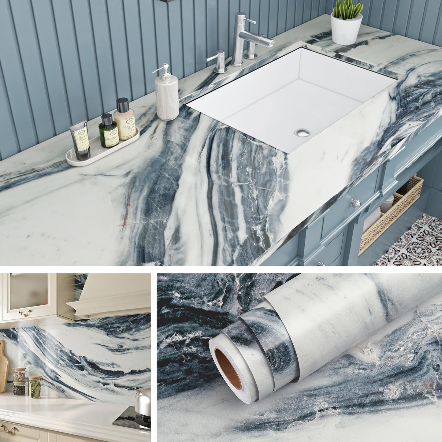 Livelynine Blue and White Wallpaper Waterproof Marble Contact Paper for Countertops Navy Blue White Peel and Stick Countertop Vinyl Wrap for Kitchen Counters Desk Dresser Cover Top Table 15.8x78.8