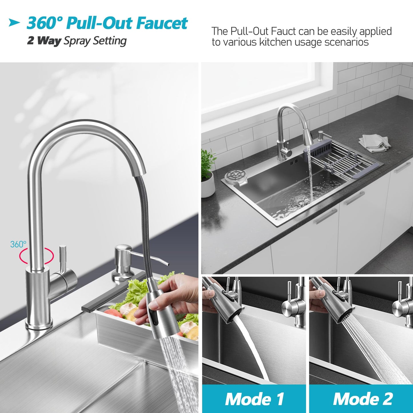 YINXSLO Stainless Steel Kitchen Sink with Faucet, Single Bowl Top Mount/Drop-In 3 Hole Single Bowl Workstation Sink with Cup Washer, Soap Dispenser, Drainage kit for Bar, Kitchen, Balcony (20 * 18in)
